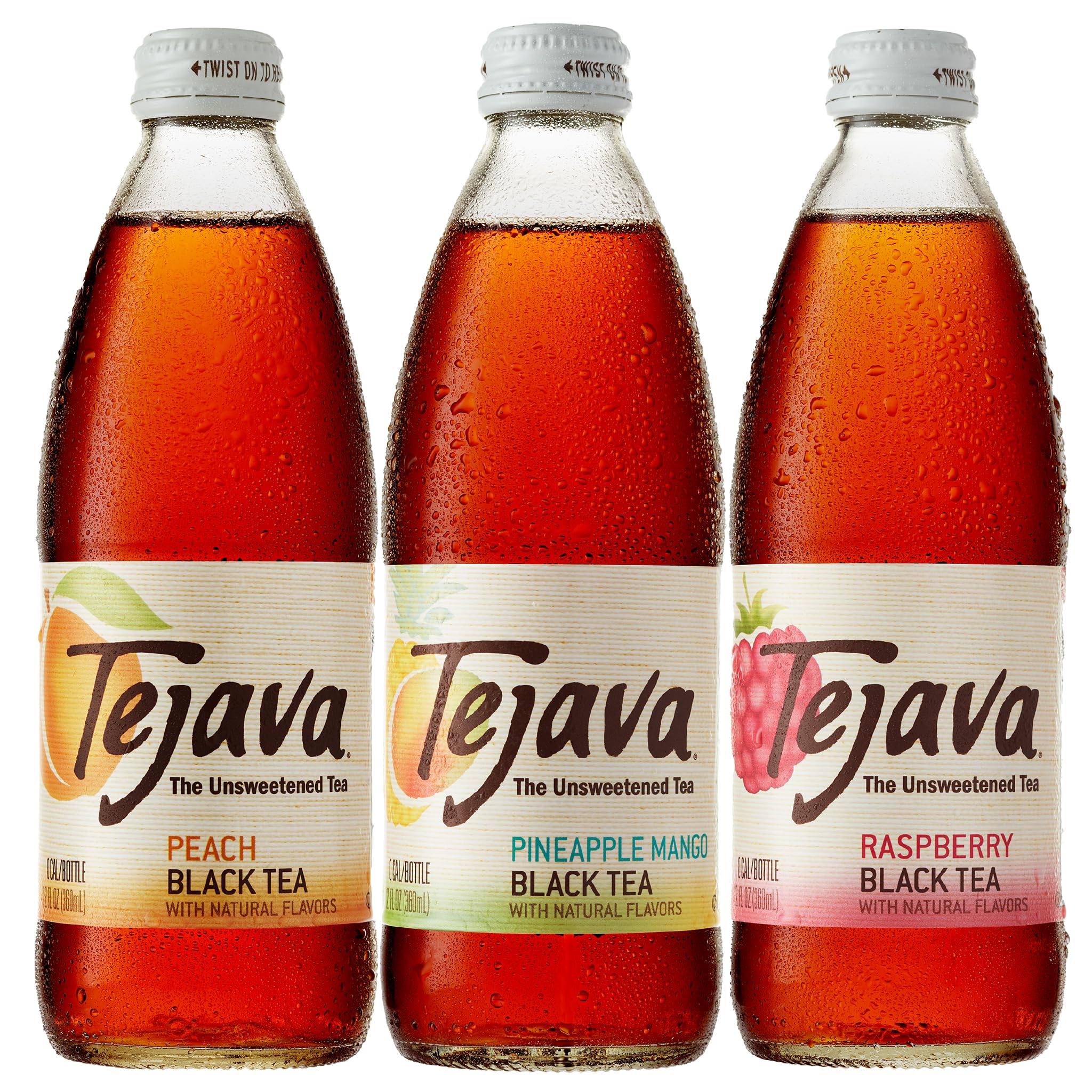 Tejava Black Tea Sampler, 12 ounce (12-Pack) Glass, Unsweetened, Peach, Raspberry and Pineapple-Mango, Ready-to-Drink Premium Iced Tea