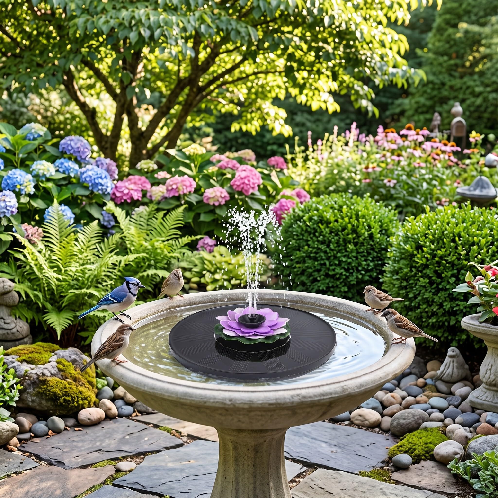 Pompa Fontana Solare, Senza Batteria Necessaria, 4 Stili Spruzzo Regolabili, Adatto Giardino Stagno Piscina Esterno, Flusso 180L/H Altezza 55-95cm, Funziona Ore 7:30-17:00 Sole