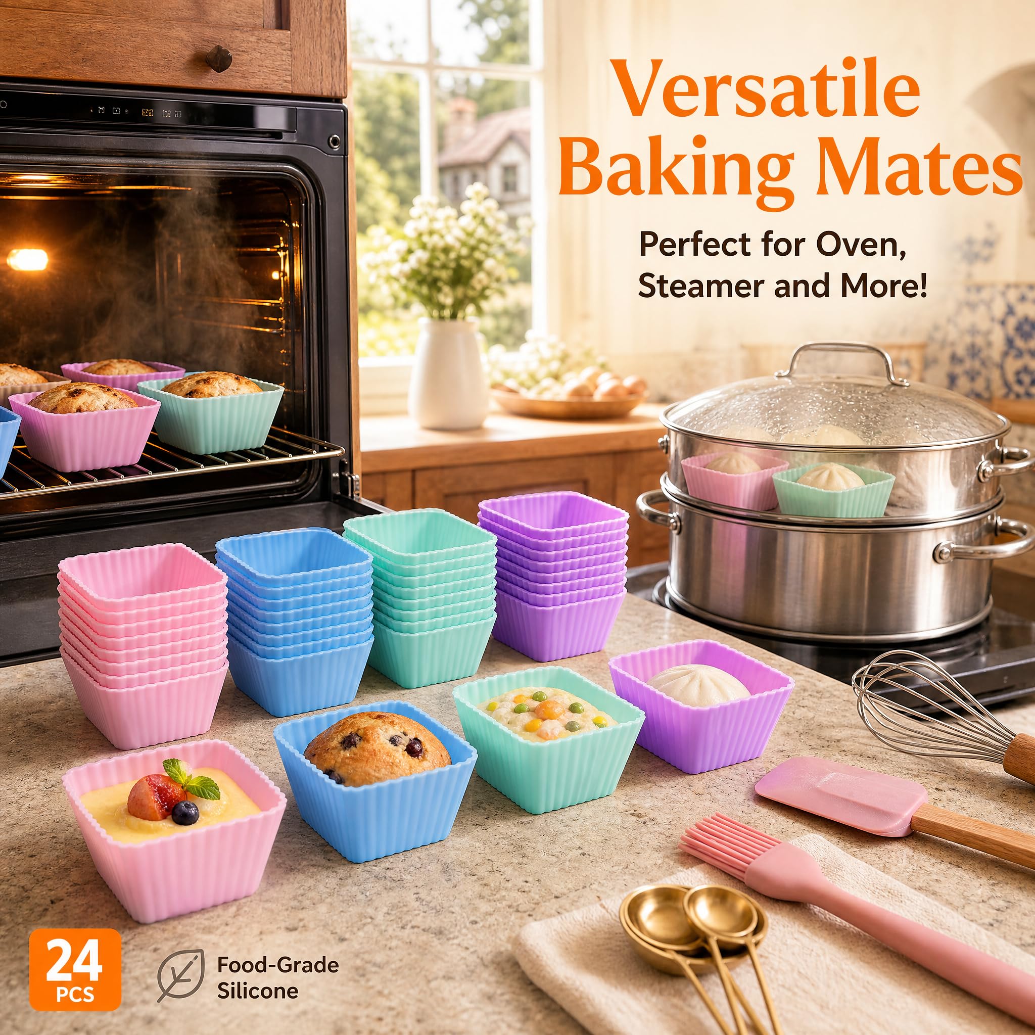 YXHZVON 24 moldes de silicona reutilizables para magdalenas, moldes reutilizables para cupcakes, sin BPA, diámetro de 7,0 cm, altura 3,2 cm (cuadrado)