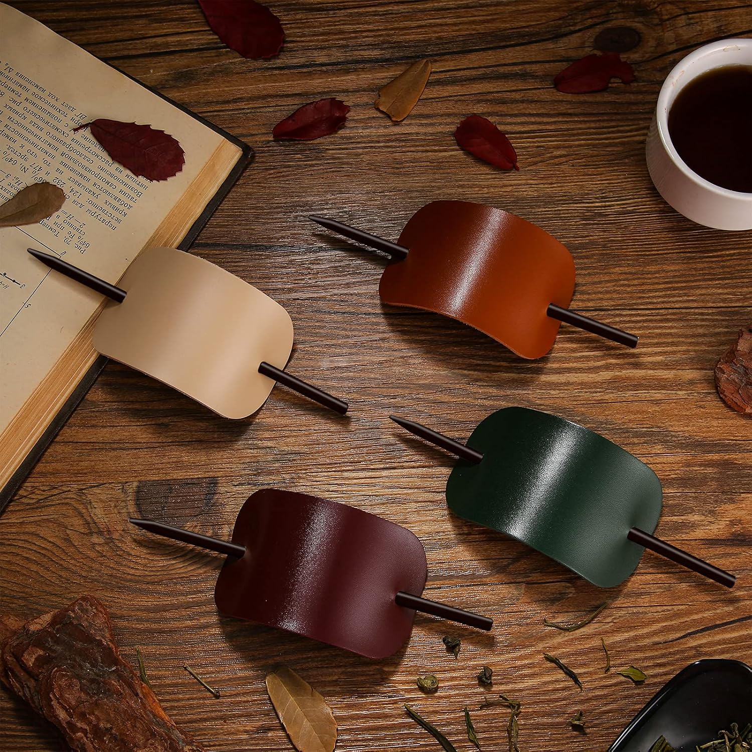 4 Pieces Oval Faux Leather Hair Barrettes with Wooden Sticks, Handmade Slide Barrettes Hair Accessories for Women and Girls