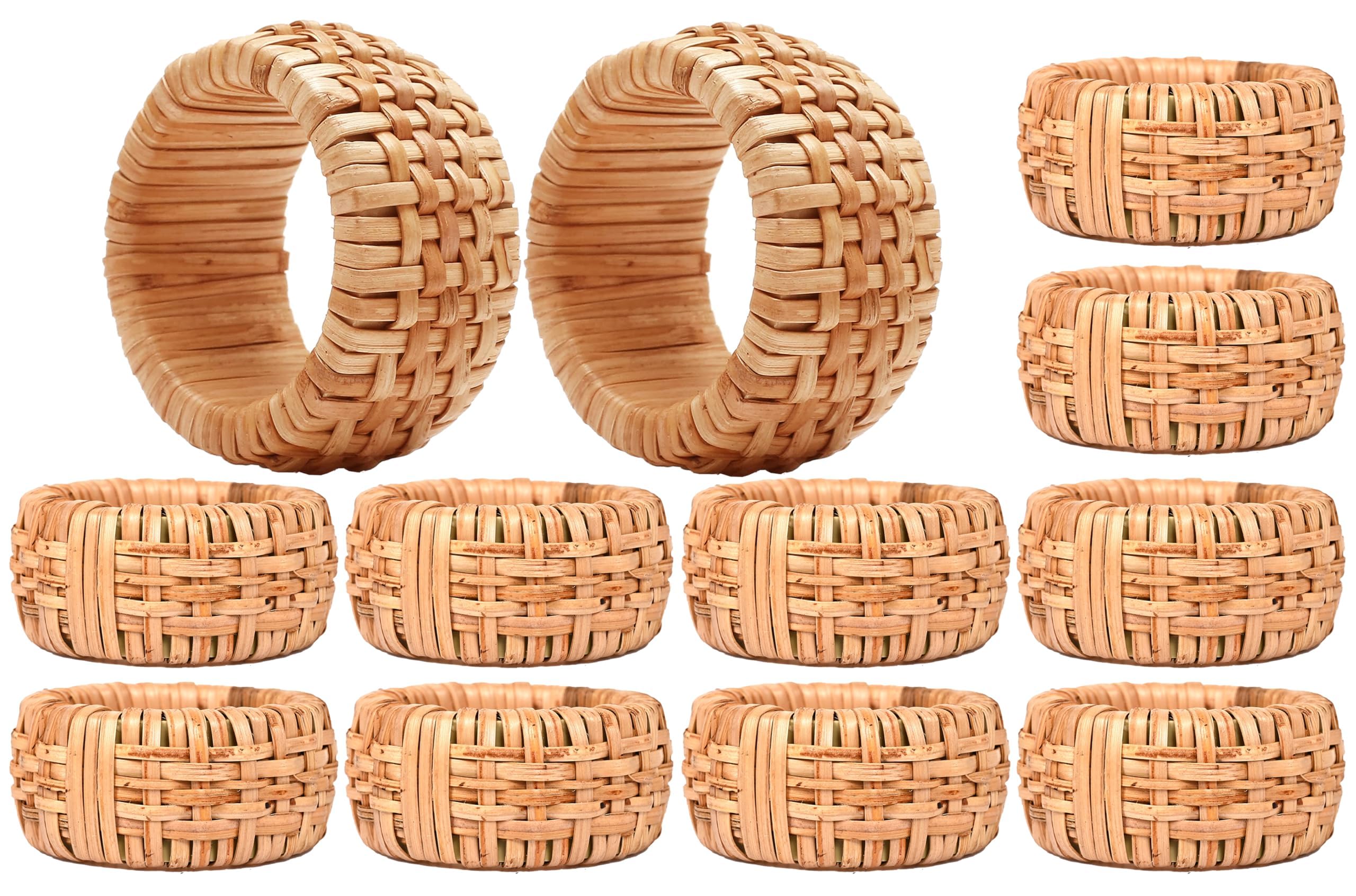 Natural Rattan Napkin Rings Set of 12 - Handcrafted Cane Serviette Holders for Table Decor, Weddings, Parties, Dinners, Rustic Boho Style Napkin Ring Set (Brown) - ALPHA Living HOME
