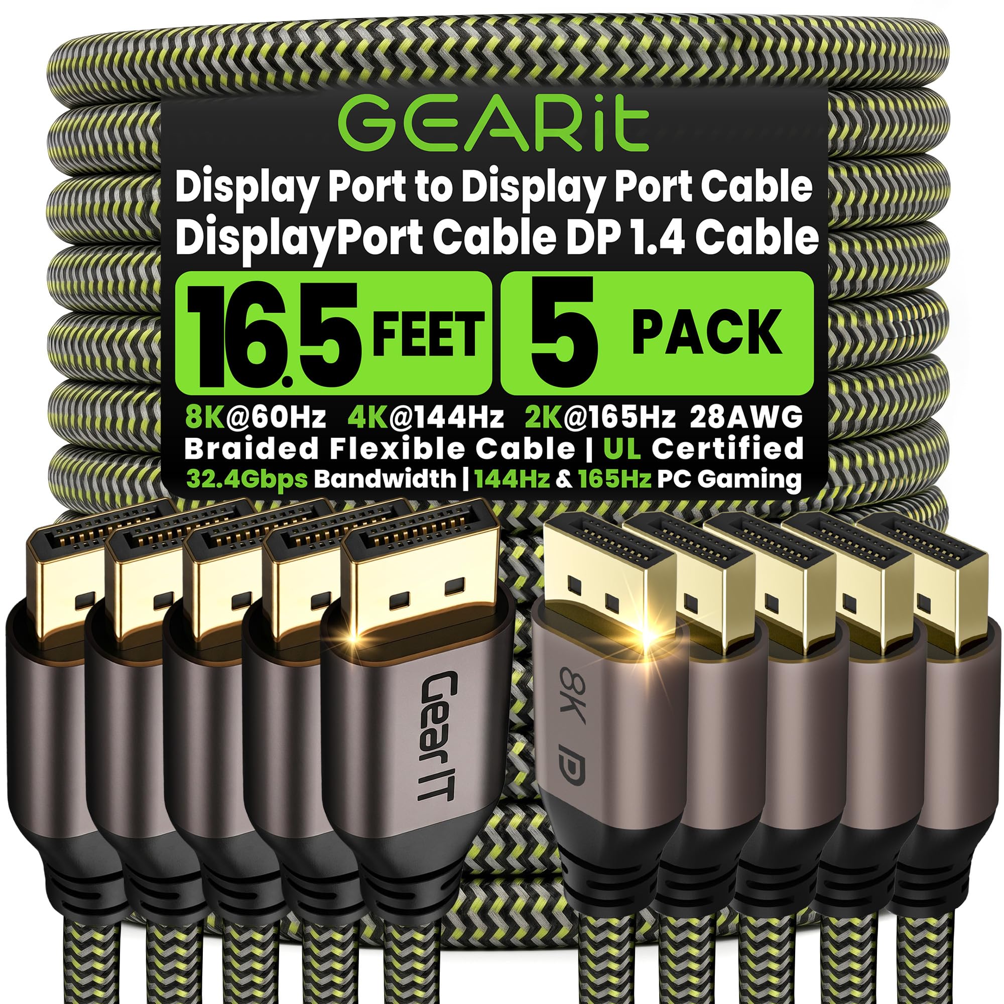 GearIT Lot de 5 câbles DisplayPort vers DisplayPort 1.4 (8K @ 60 Hz, 4K @ 144 Hz, 2K @ 165 Hz), 5 m