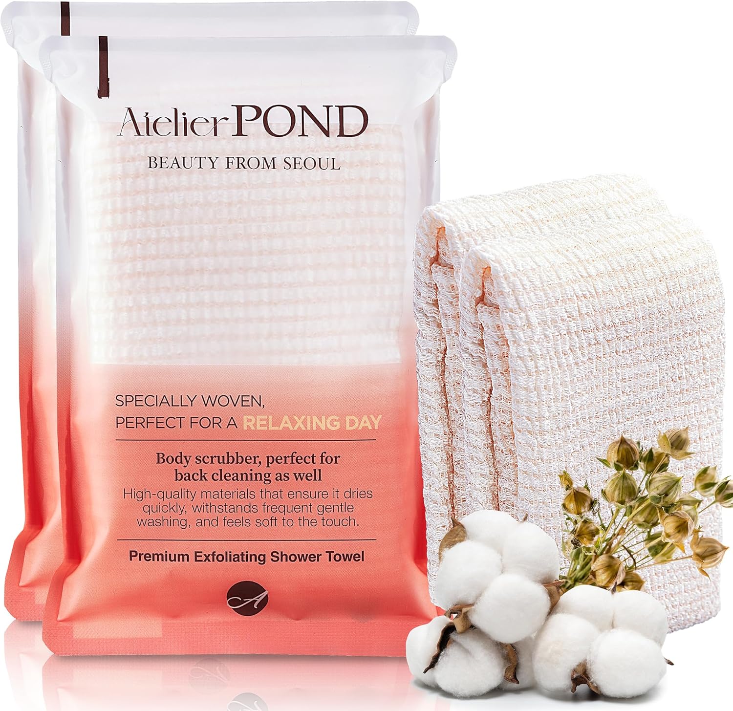 Korean Exfoliating Washcloth, 2-Pack – Soft Cotton-Blend Exfoliating Shower Towel for Sensitive Skin, Extra-Long Back Scrubber (Soft Orange)