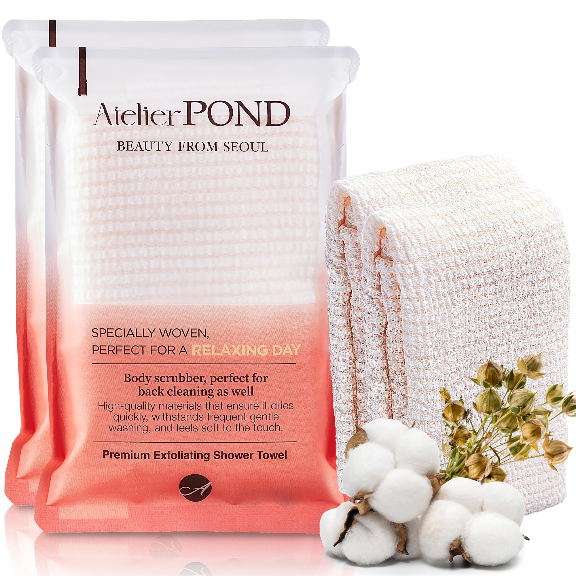 atelier POND Korean Exfoliating Washcloth, 2-Pack – Soft Cotton-Blend Exfoliating Shower Towel for Sensitive Skin, Extra-Long Back Scrubber (Soft