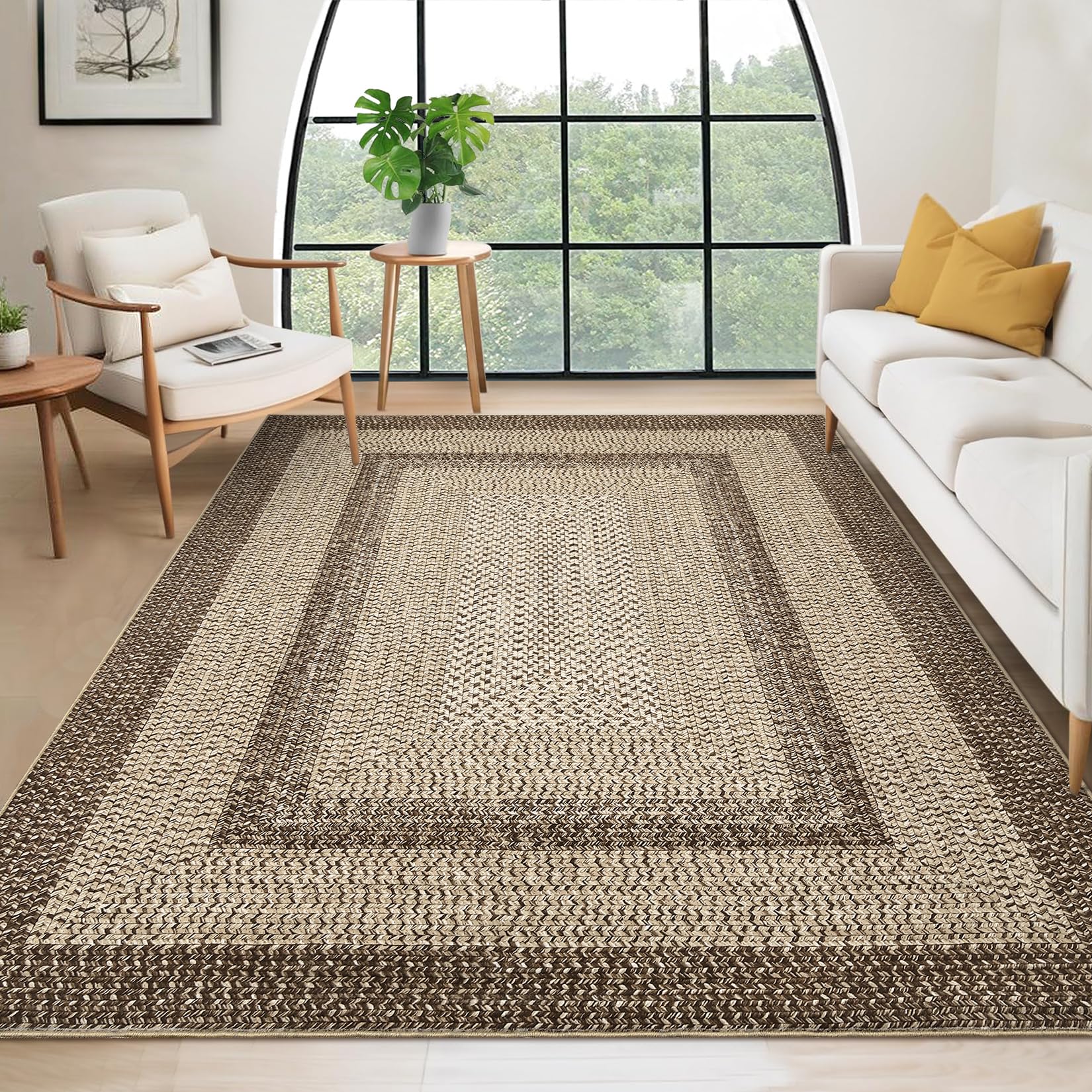 8x10 Washable Area Rug for Living Room with Rubber Backing Boho Rug Stain Resistant Large Bedroom Throw Carpet Modern Geometric Floor Cover Bohemian Border Rug for Home Decor Office, Camel