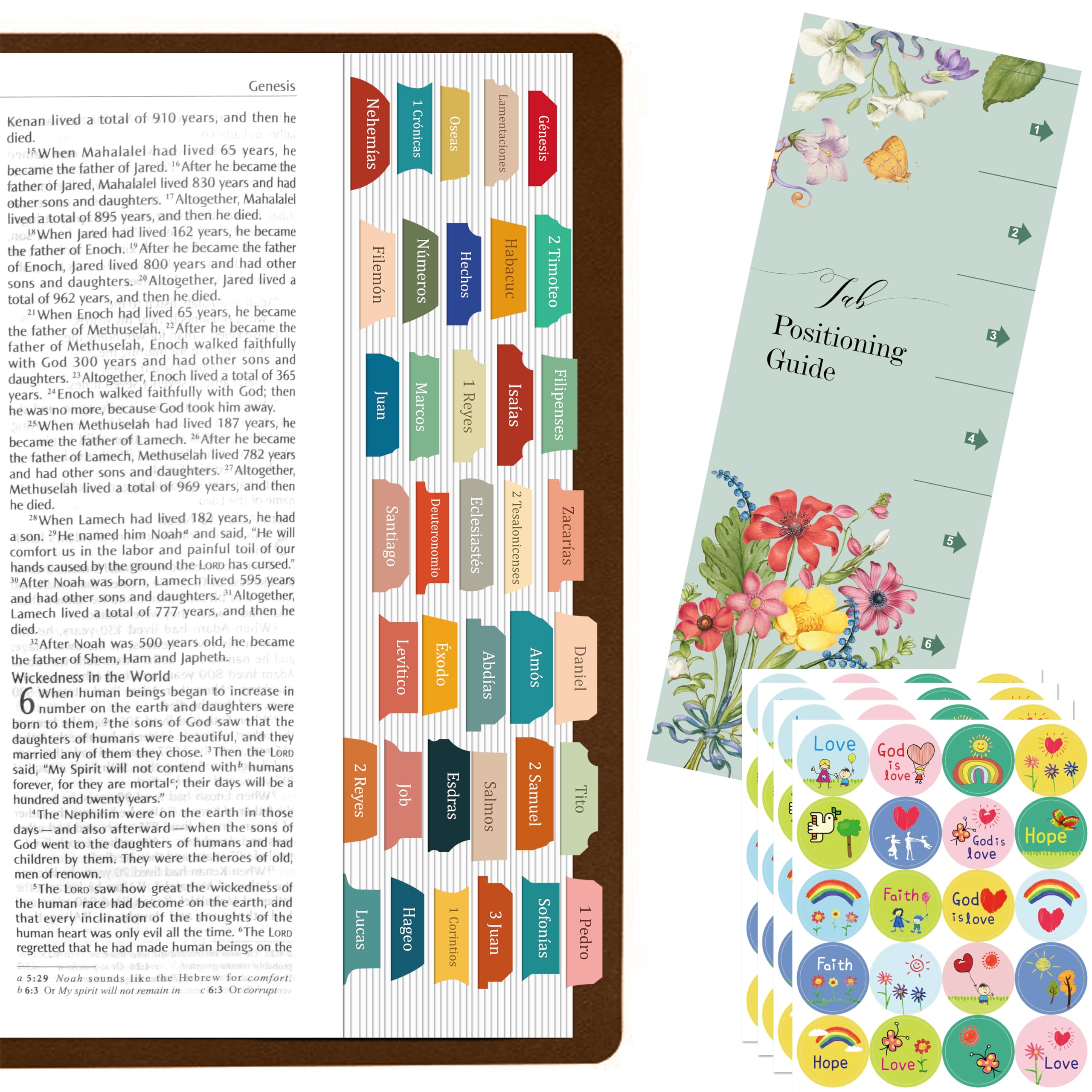 Pestañas de Índice de la Biblia en Español, Juego de Pestañas Laminadas, 80 Stickers Autoadhesivas con Guía de Alineación