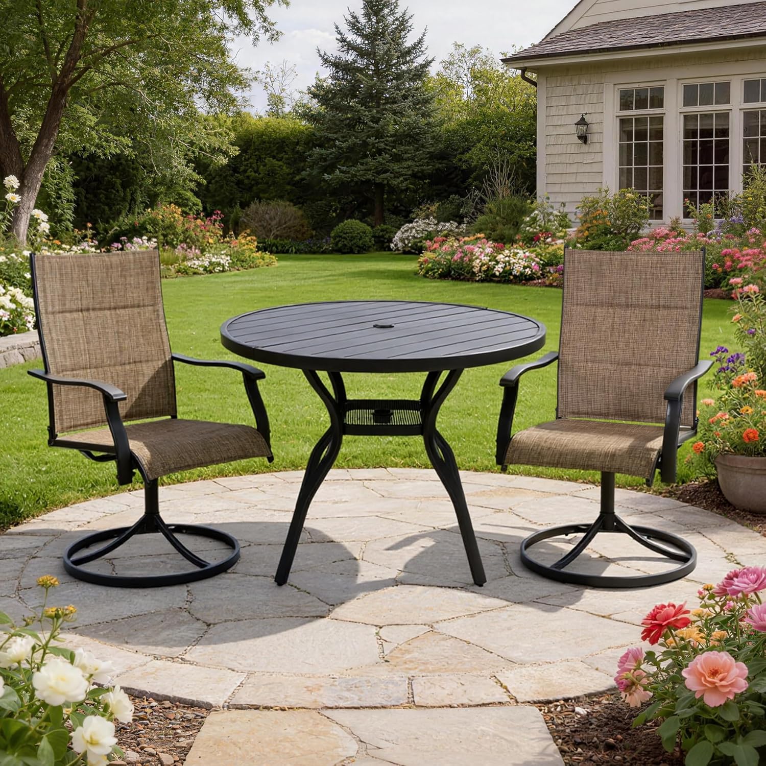 Patio Swivel Chairs Set of 2, Outdoor Dining Chairs High Back, All-Weather Padded Textilene Swivel Rocker Chair for Lawn Porch Garden, Brown