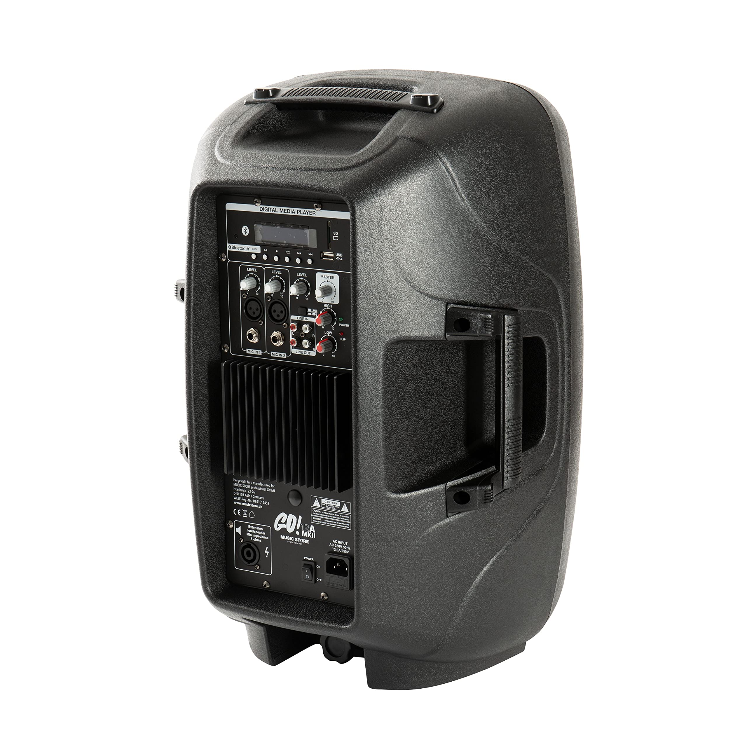 MUSIC STORE GO! 12A MKII Aktiver 2-Wege 12 Zoll Lautsprecher - 600W Peak Leistung, Integrierter Media Player, Bluetooth, USB & SD-Karten Slots, 3-Kanal Mixer, 2 XLR/Klinke Mikrofoneingänge, Stereo