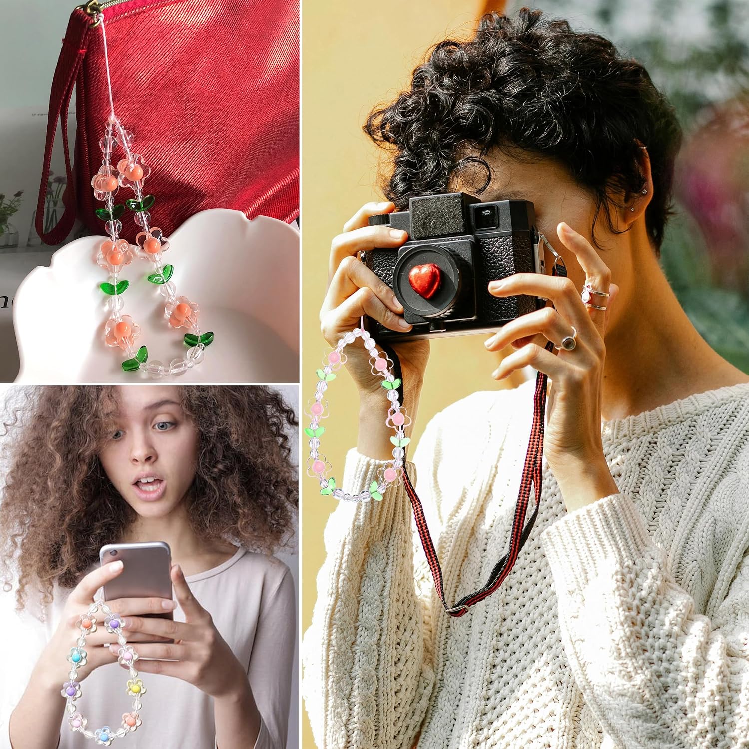Aesthetic Phone Charm,Cute Digital Camera Wrist Strap,Beaded Flower Phone Wrist Strap for Bag Keychain Charm
