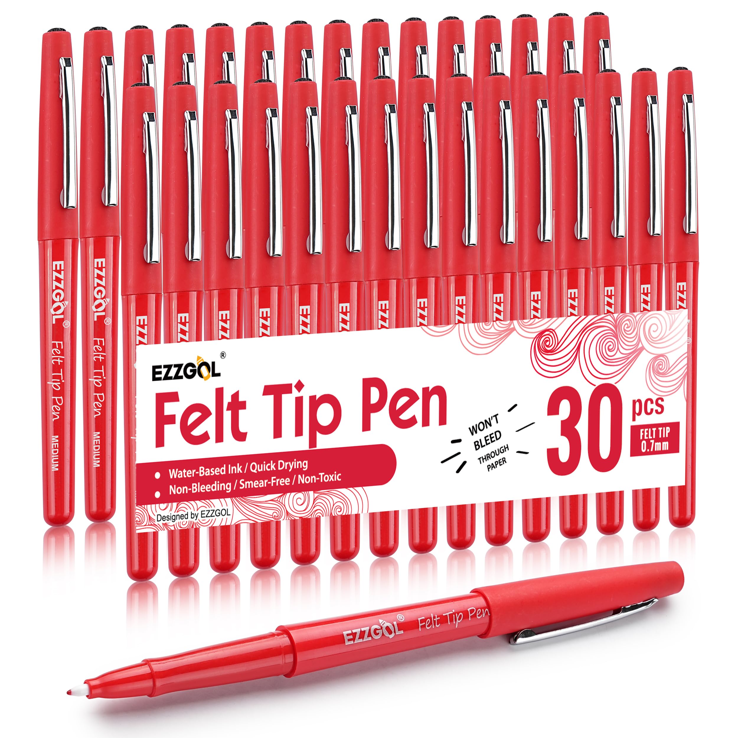 Red Felt Tip Pens, 30 Pack, 0.7mm Premium Medium Fine Point, Felt Tip Markers For Writing, Journal, Planner Coloring, Note Taking, Drawing, Art, School