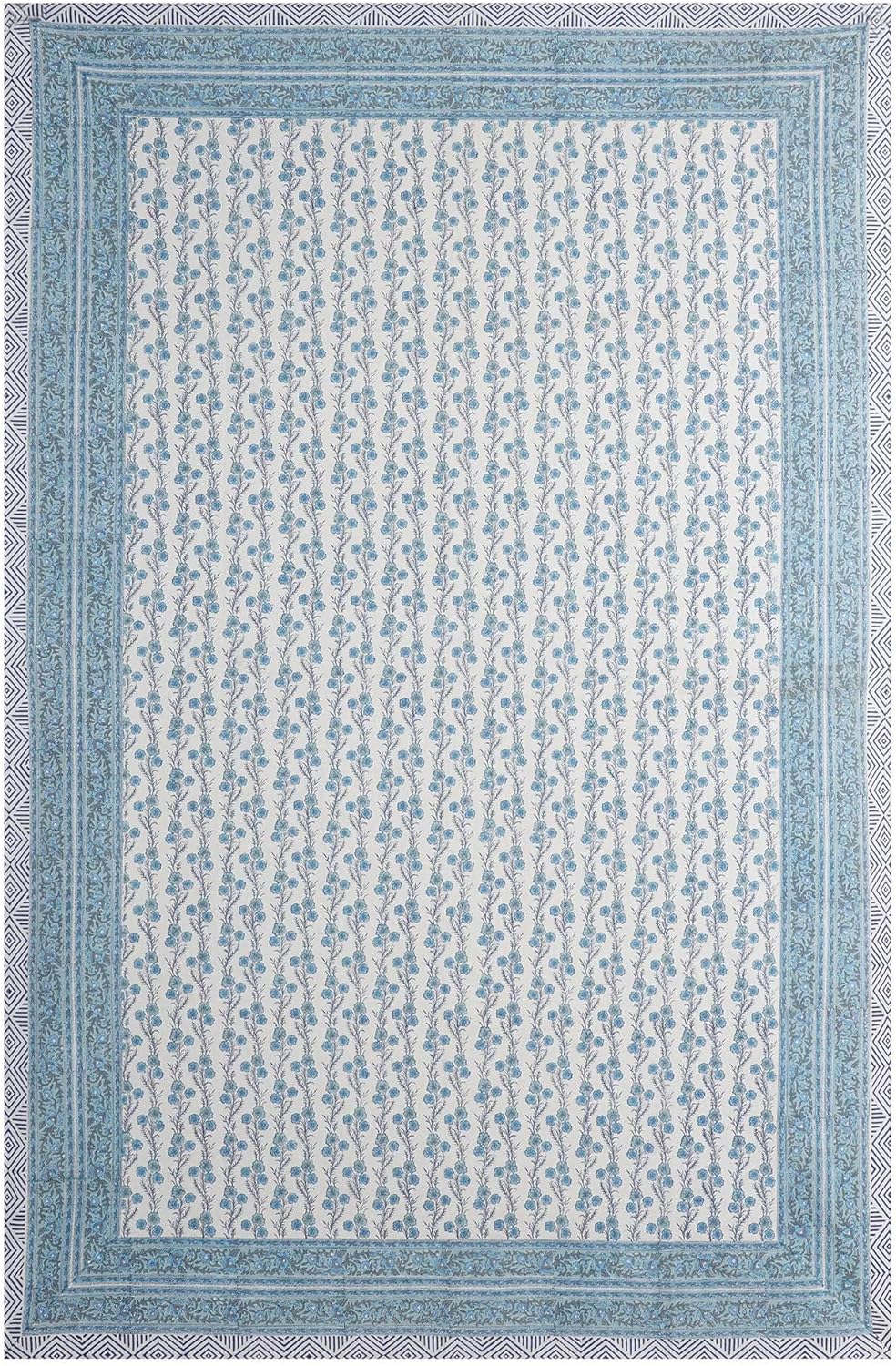 Handblock Print Cotton Tablecloth – 70×130 Rectangular Table Cover Seats 8-10 – Indian Block Printed Floral Dining Table Linen – Boho Washable Cloth for Kitchen, Party, Outdoor, Sky Blue