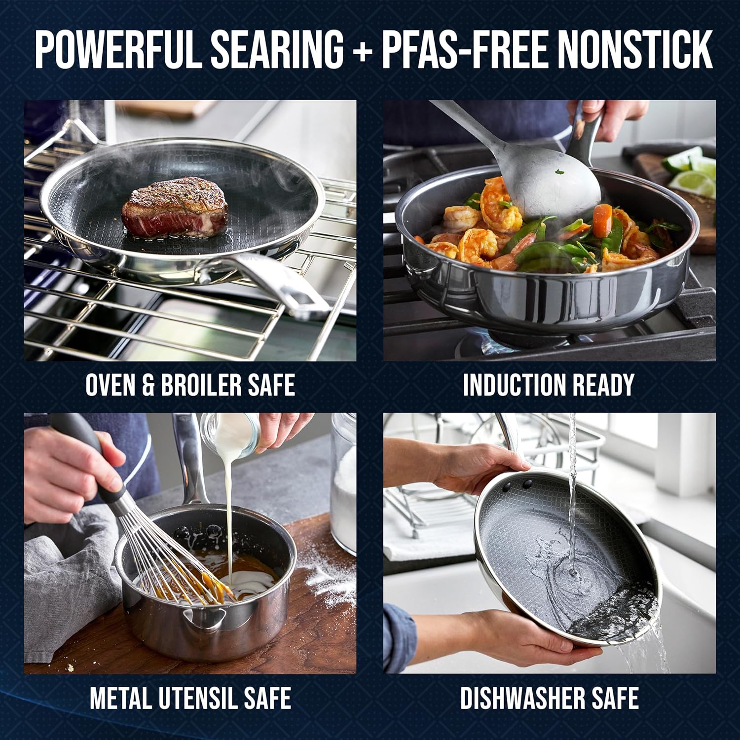 Blue Diamond Hybrid Nonstick Stainless Steel 16 Piece Cookware Set, Tri-Ply PFAS-Free Ceramic Diamond Bond Pots & Pans, Dishwasher & Oven Safe to 850F, Induction Ready, Metal Utensil Safe, Silver