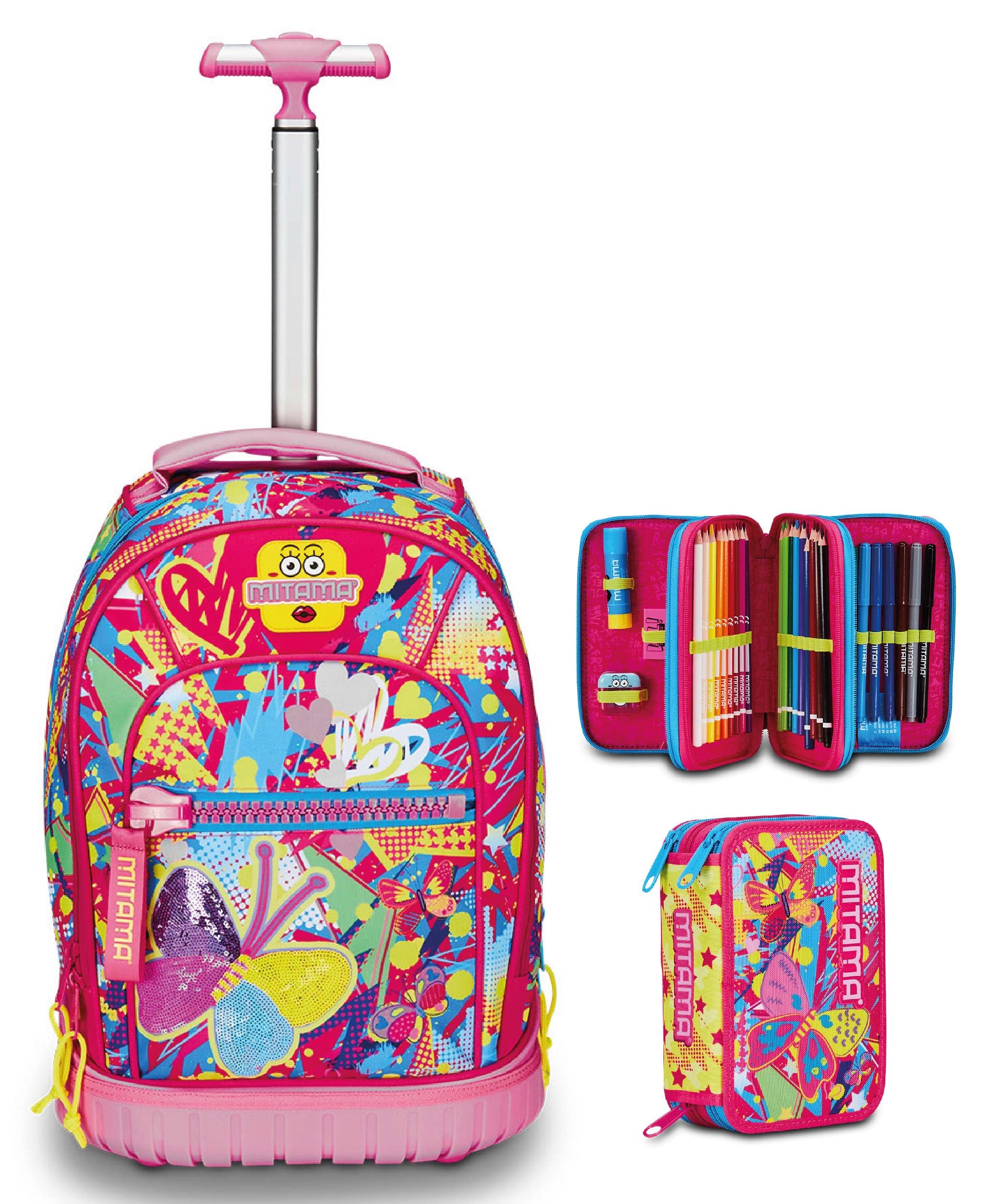 Cartable Trolley Mitama 'Funny Moments' - Double Compartiment Violet Et Noir - Pour école Primaire Et Loisirs - 33L - 13