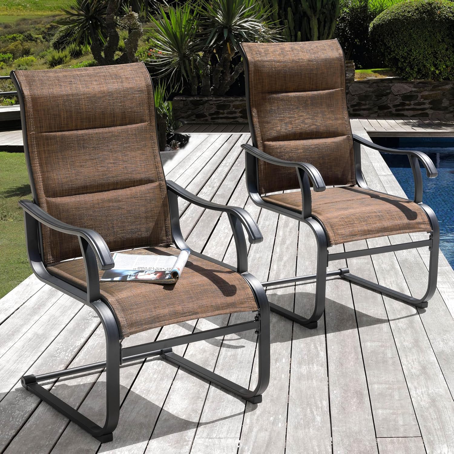 NUU GARDEN Patio Dining Chairs Set of 2, All Weather Outdoor Padded Textilene Patio Chairs, Breathable Spring Motion Textile High Back Outdoor Dining Chairs for Backyard, Lawn, Deck, Brown