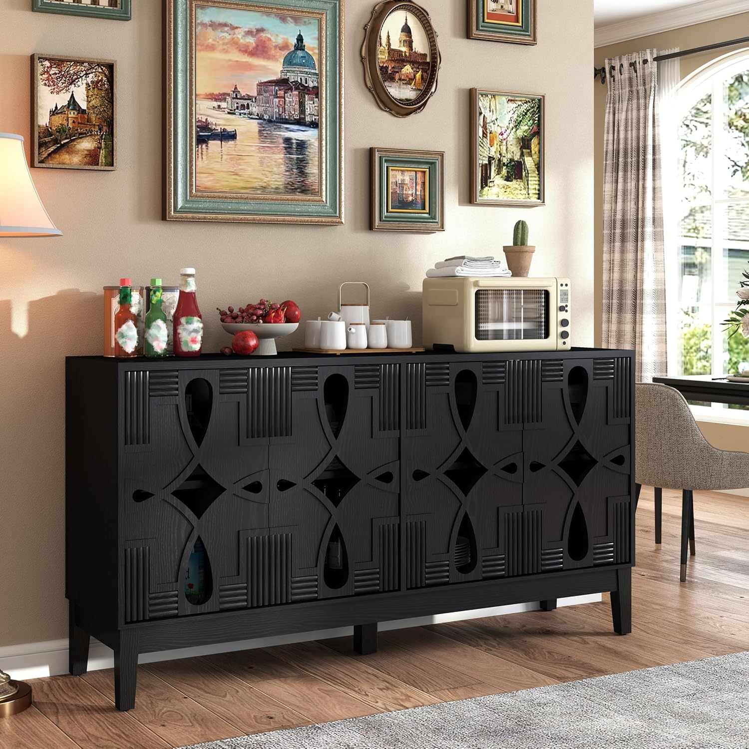 60.5" Mid Century Modern Sideboard with 4 Doors, TV Media Console with Adjustable Shelves, Storage Cabinet for Living Room & Dining Room, Walnut Finish (60.5''+Style A+Black)