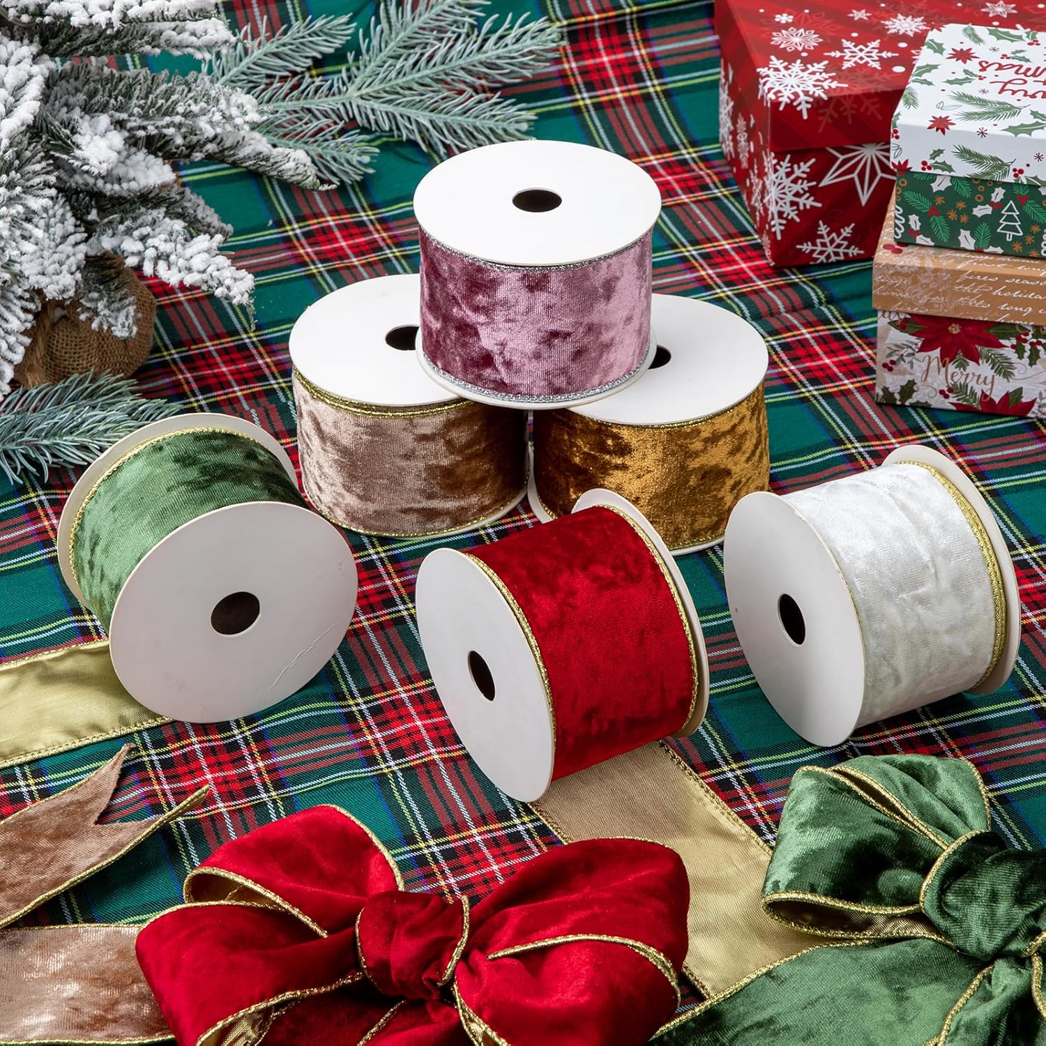 Briful White Gold Velvet Christmas Ribbon & 8PCS Poinsettias Christmas Flowers for Xmas Tree Gift Wrapping Wreaths Garland Big Bow