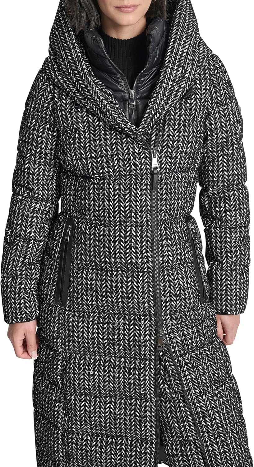 DKNY Women's Maxi Puffer Coat With Bib and Asymmetrical Zipper Front – Long Quilted Winter Jacket