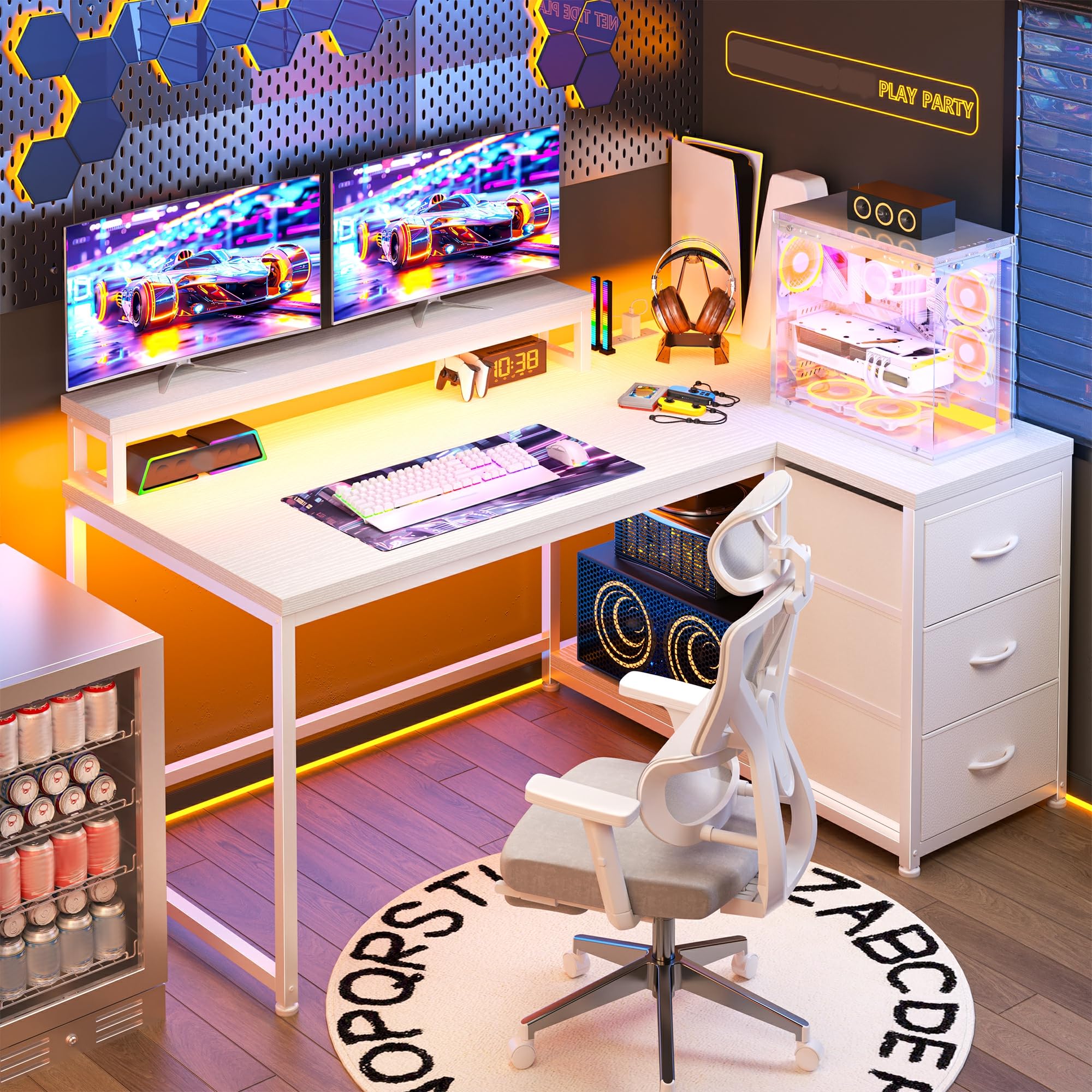 EnHomee L Shaped Gaming Desk with 3 Drawers & Power Outlet, 40Inch White Computer Desk with LED Lights Reversible Office Desk with Monitor Stand for