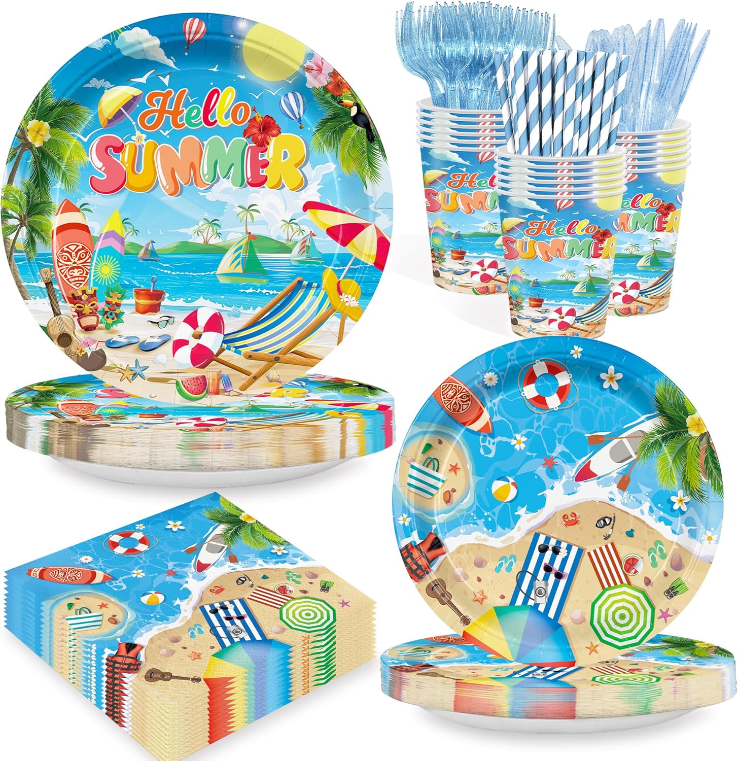 168PCS Summer Beach Party Supplies Serves 24 - Blue Themed Party Tableware Set Plates Cups Napkins Cutlery Straws for Beach Summer Birthday Party Decorations