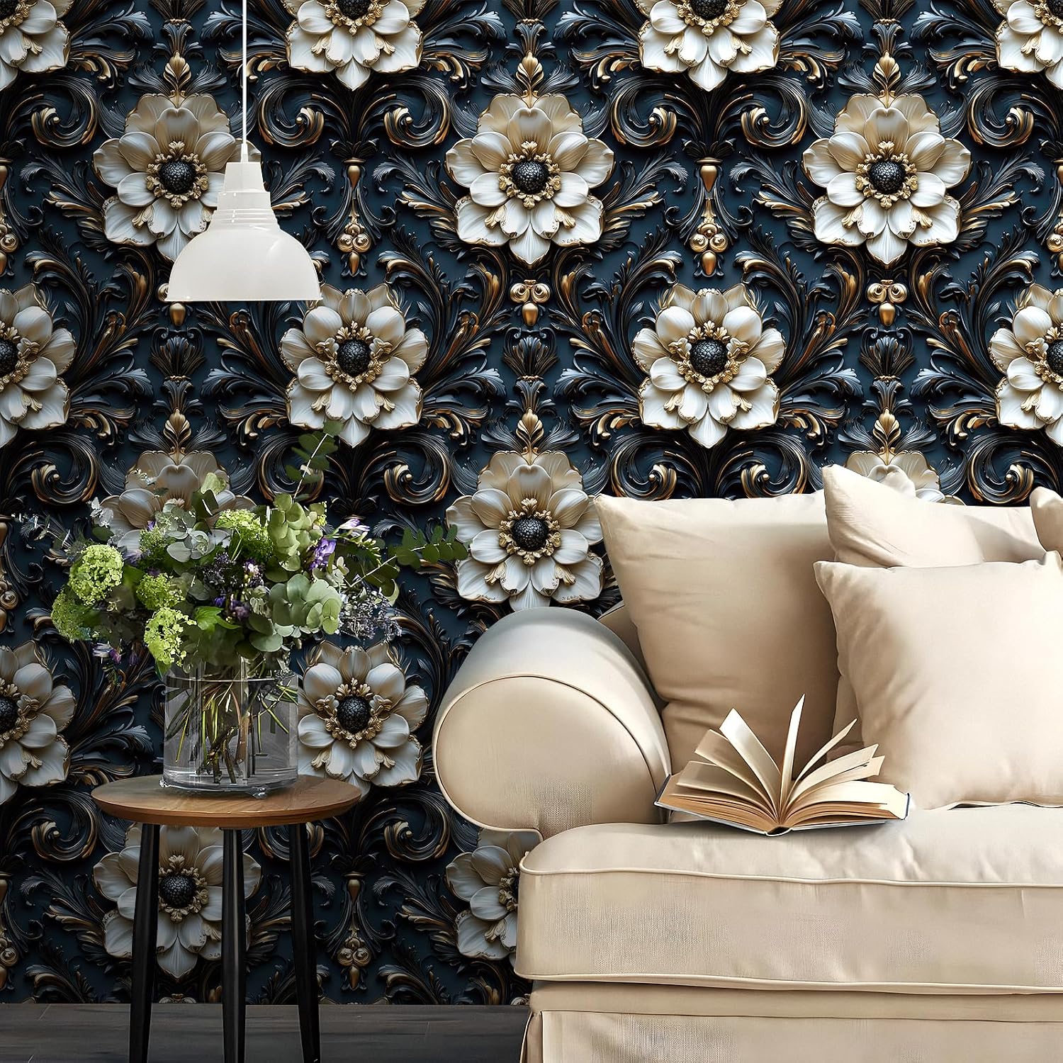 Western Wallpaper Peel and Stick Vintage Dark Blue White Gold Metallic Wallpaper Faux Embossed Baroque Accent Wall Paper Mural Self Adhesive Floral Contact Paper for Bathroom Cabinets 17.5"x80"