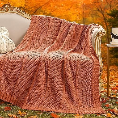 Amélie Home Manta de punto de felpilla Chevron para sofá, manta suave decorativa con textura acogedora para sofá y silla, 50 x 60 pulgadas, naranja