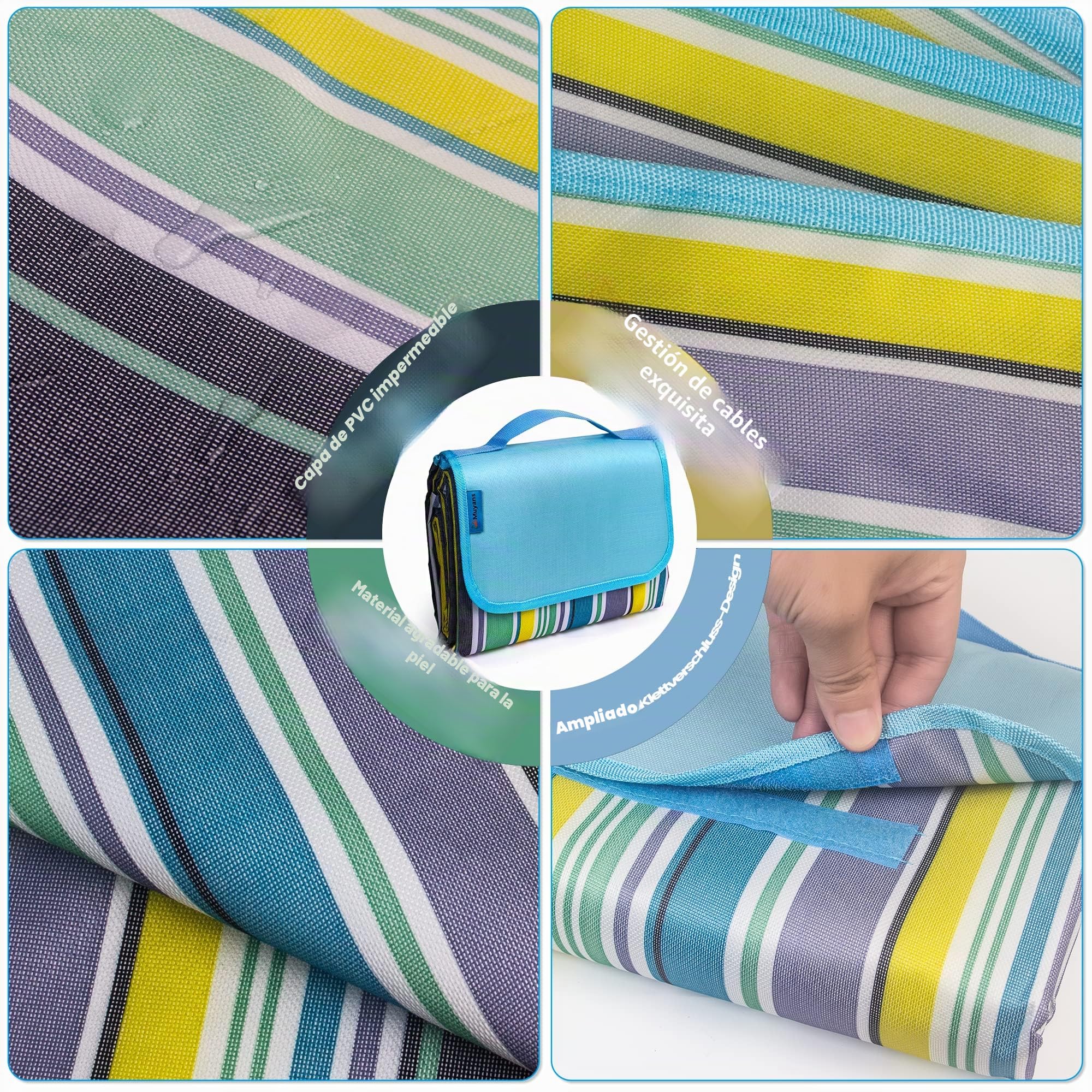 Manta Picnic Impermeable XXL 200 x 200 cm, Picnic Blanket, Manta de Playa Lavable Portátil, Adecuada para Picnic, Playa, Al Aire Libre, Barbacoa, Manta para Acampar de Viajes
