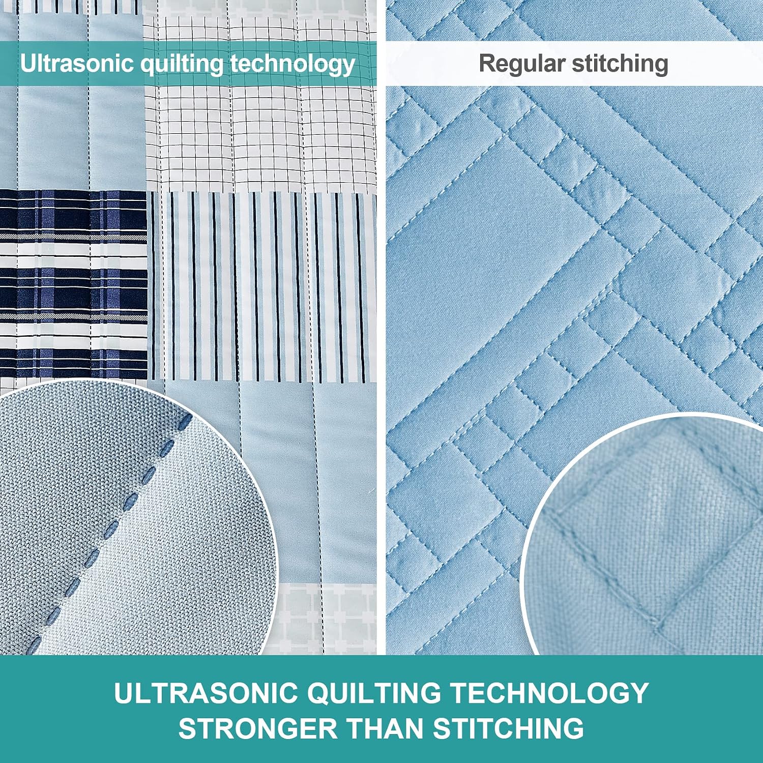 Hansleep Quilt Set, Ultrasonic Comforter Bedding Cover Lightweight Bedspread Bed Decor Coverlet Set for All Season (Blue Patchwork, Full/Queen 90x96 inches)