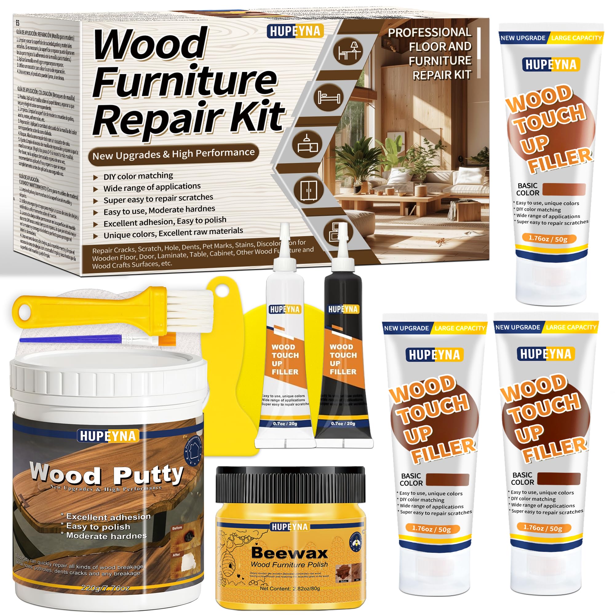 Kit Reparation Bois, Grande Capacité Kit Réparation Parquet, Mastic à Bois et Cire D'abeille Réparer Rayures, Fissures, Trous, Décoloration pour Portes Bois, Tables, Armoires, Sols Stratifiés, Lits