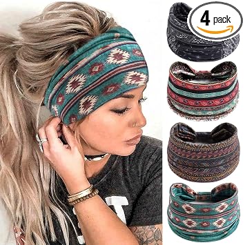 FULZTEY Boho Headbands for Women Fashion Wide Knot Hair Bands Elastic Turban Head Wraps Yoga Running Sweatband Vintage Printed Hair Accessories for Women and Girls 4Pcs