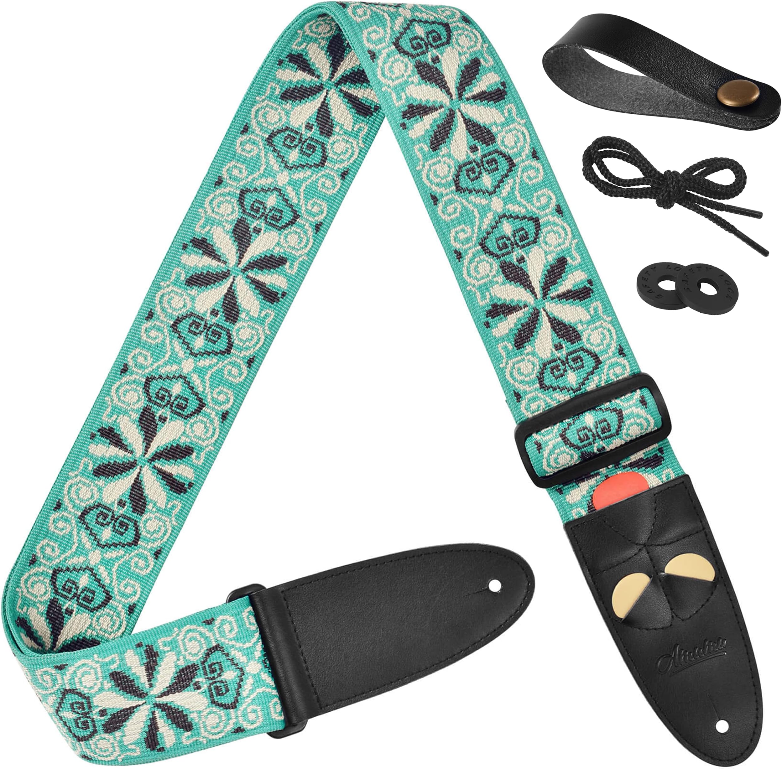 Hootenanny Jacquard Guitar Strap Green Polyester for Acoustic, Electric and Bass Guitars with Lace Tie
