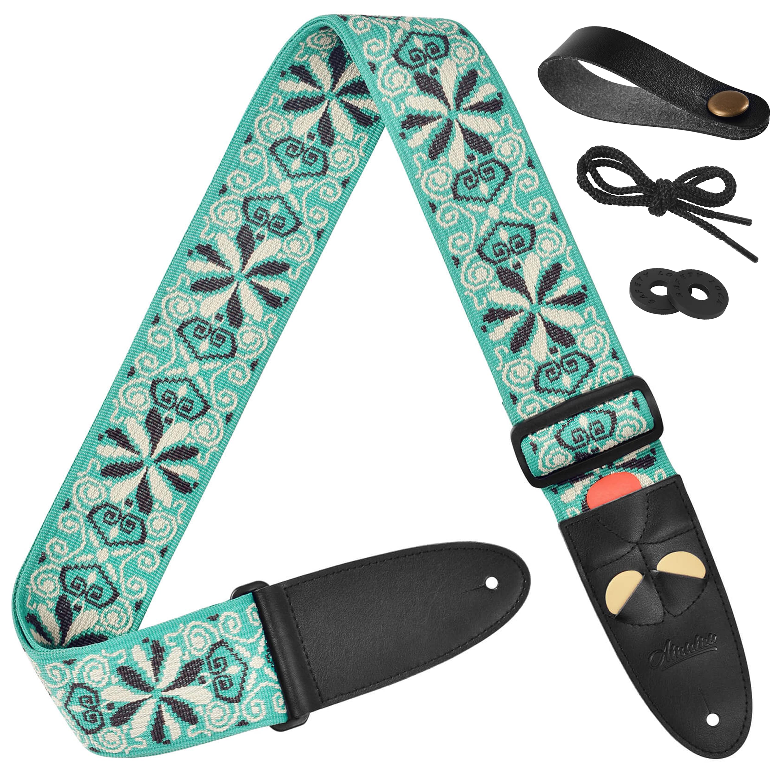 Amumu Unisex Green Jacquard Guitar Strap For Acoustic Guitar Electric Guitar And Bass Guitar With Strap Blocks And Headstock Strap Tie, 5