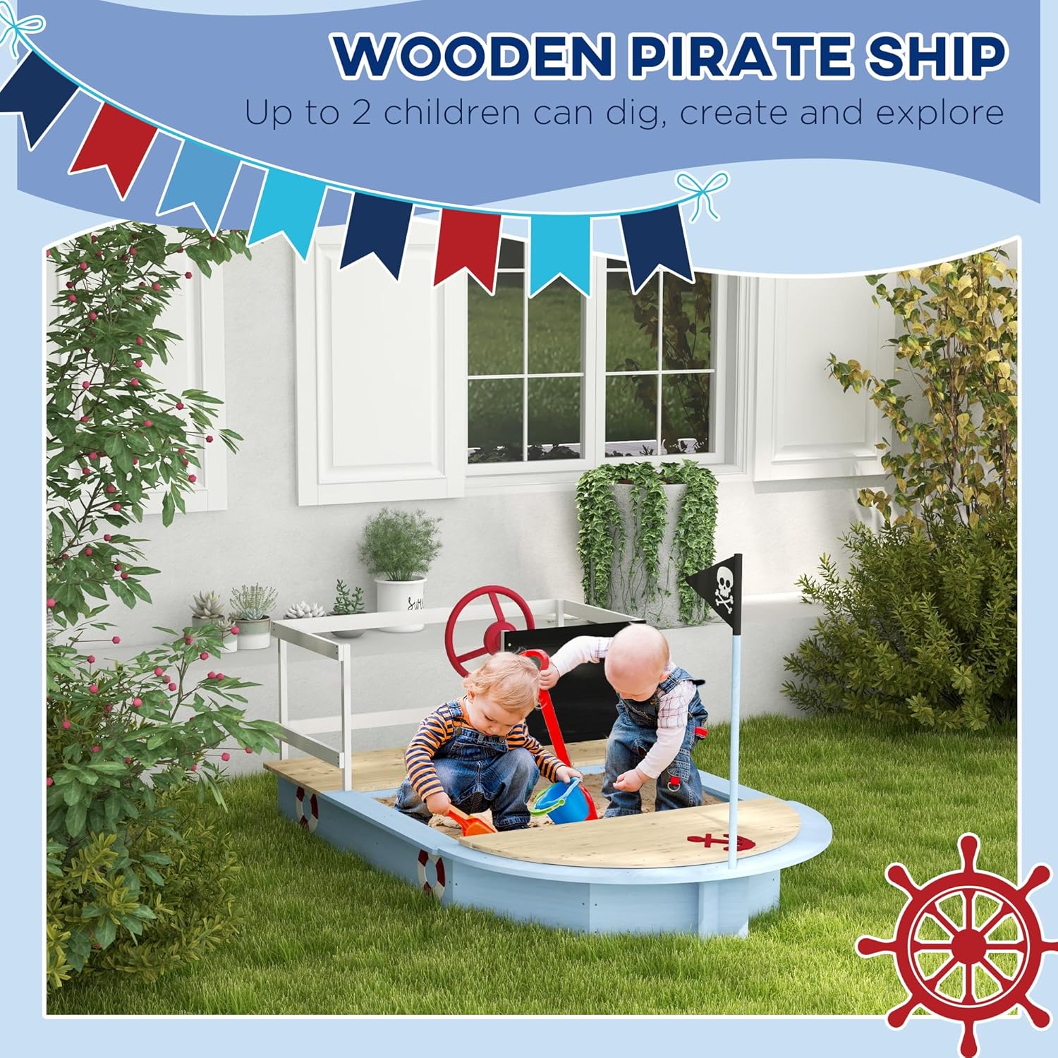 Outsunny Kids Wooden Sandbox, Pirate Ship Sand Pit with Flag, Blackboard, Rudder, Anchor Sign, Storage Deck for Backyard Garden, Gift for Age 3-7 Years, 68" x 44" x 39", Blue