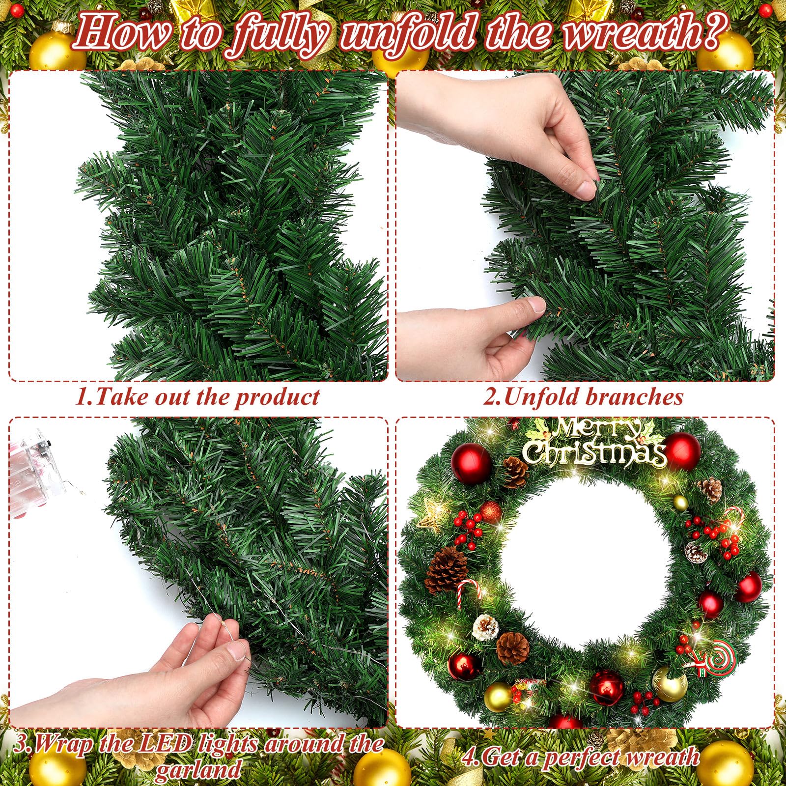 Hotop 6 Pcs 24 Inch Pre Lit Christmas Wreath with Lights Large ...