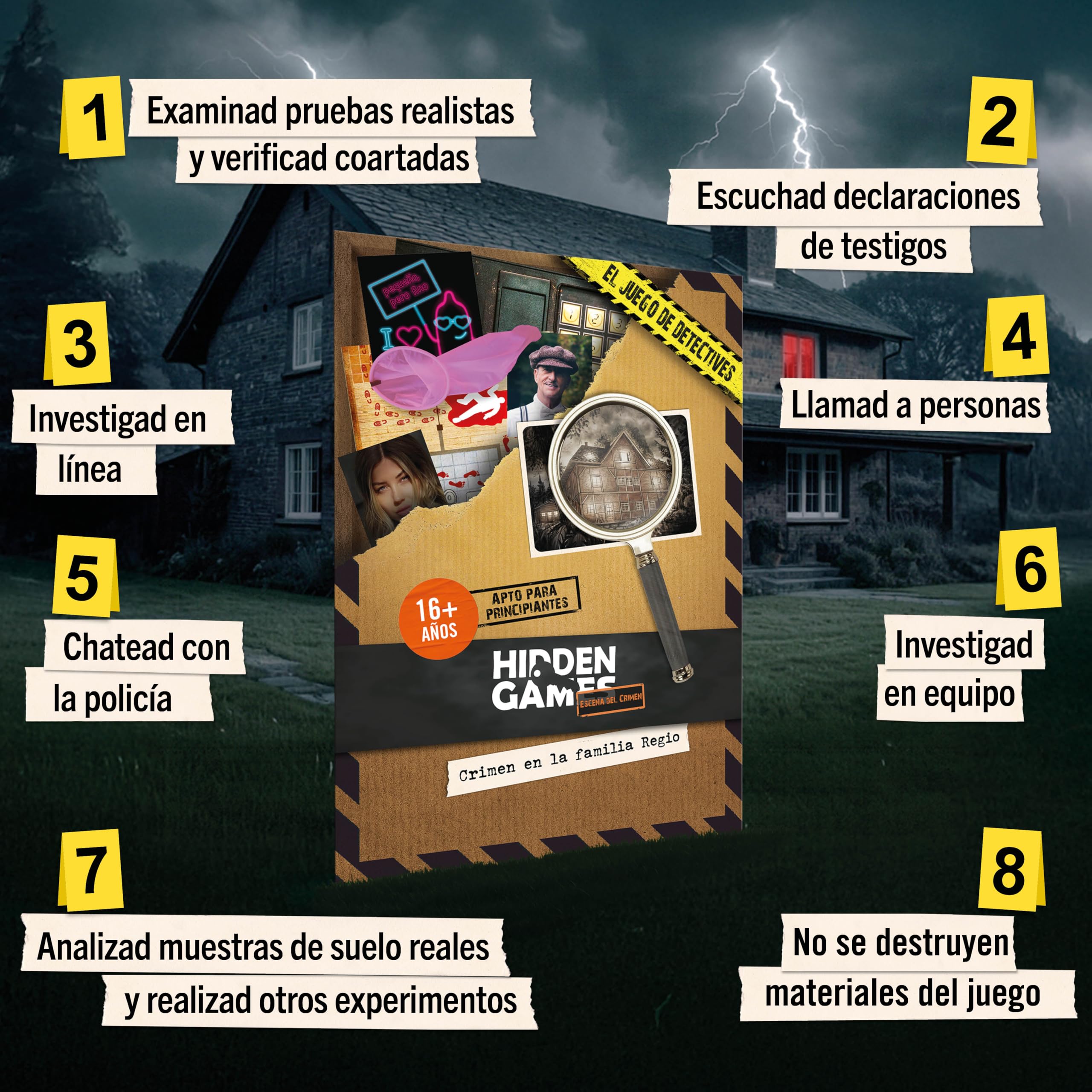 Hidden Games Escena del Crimen: Crimen en la Familia Regio, crimenes imperfectos, Exit Juego de Mesa de Misterio y Detectives cooperativo, 1-6 Jugadores, a Partir de 16 años, en español.