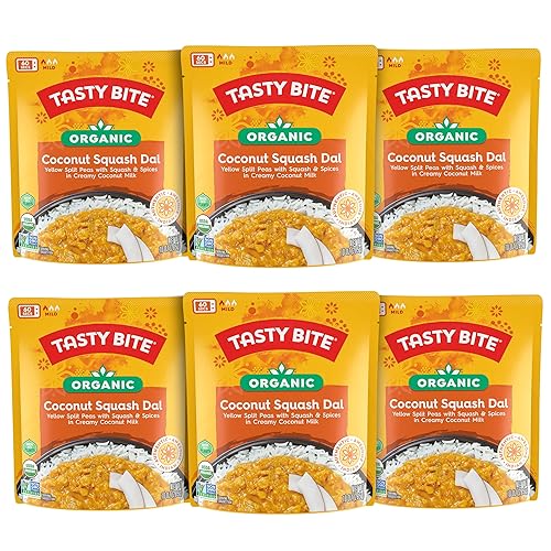 Tasty Bite - Dal de calabaza y coco orgánico, 10 onzas, paquete de 6, listo para comer, platillo para microondas, vegano