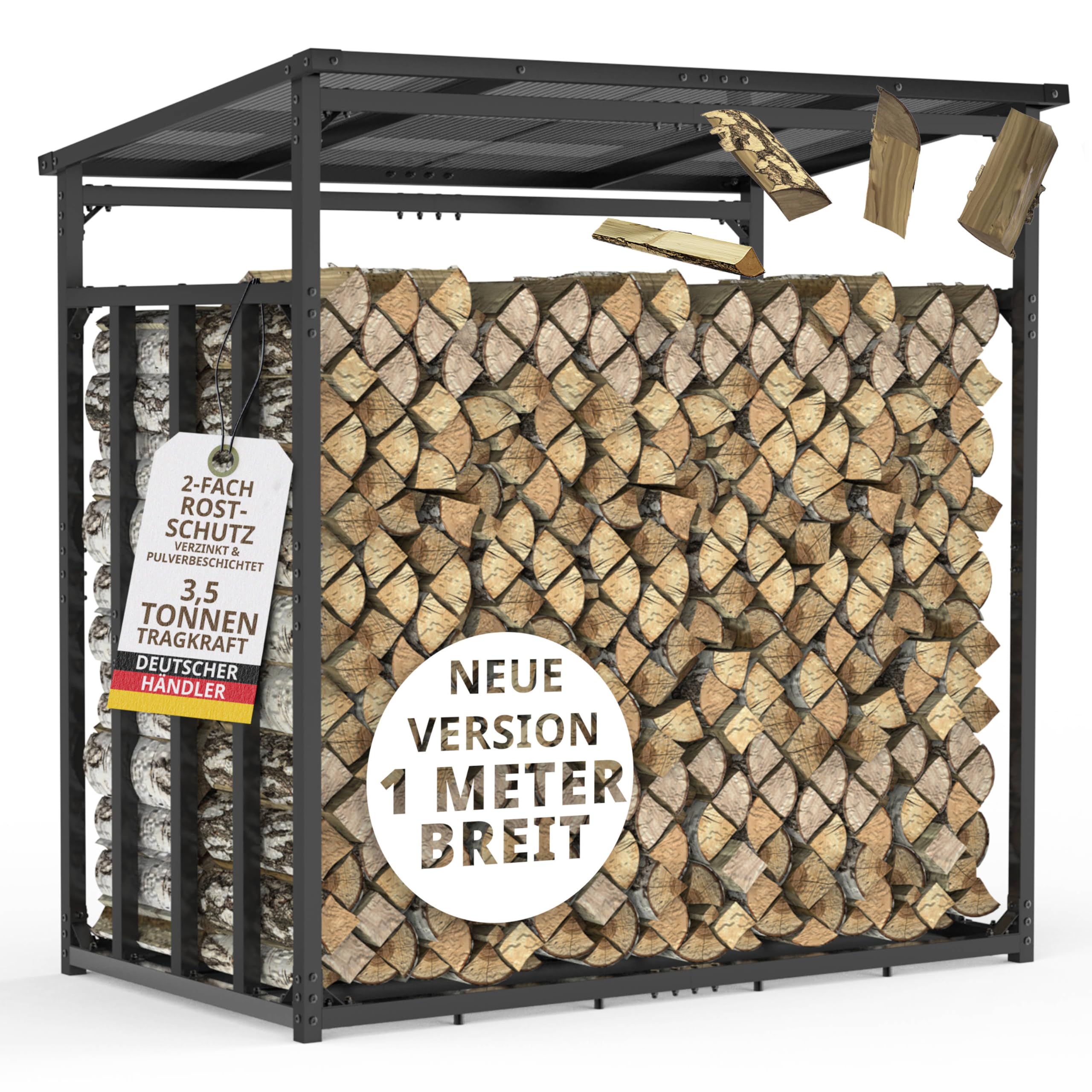 LAWA Kaminholzregal Metall mit Dach 185x105x185 verzinkt | 3,5t Tragfähigkeit, 1m tief, Brennholzregal außen, Stapelhilfe, Unterstand für Feuerholz, für 25cm Holzscheite