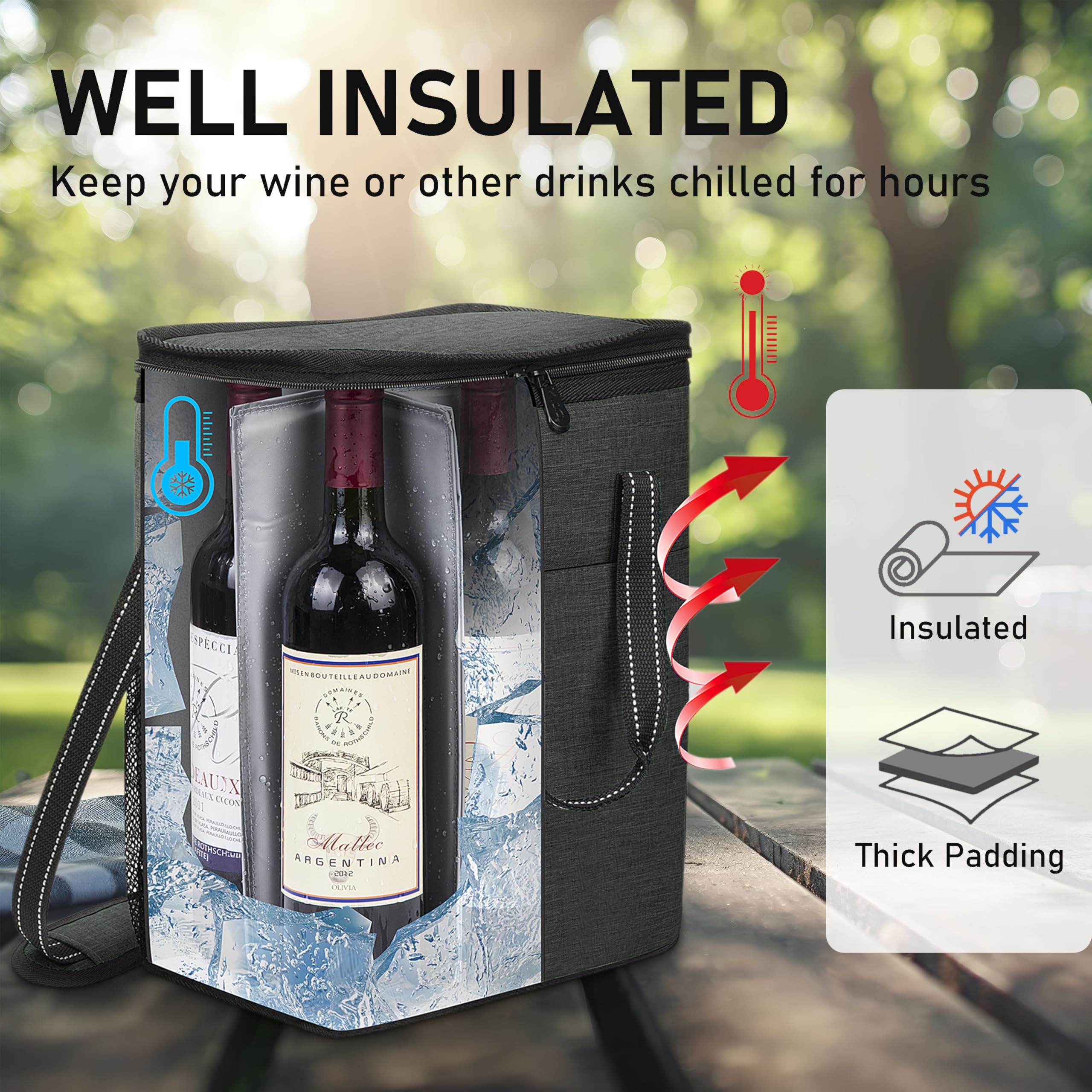 Kato Tirrinia Insulated Wine Carrier Bag 6 Bottle Wine Cooler Bag Waterproof Padded Picnic Camping Travel Wine Bag Wine Lover Gift Polyester Black One Size - Image 2