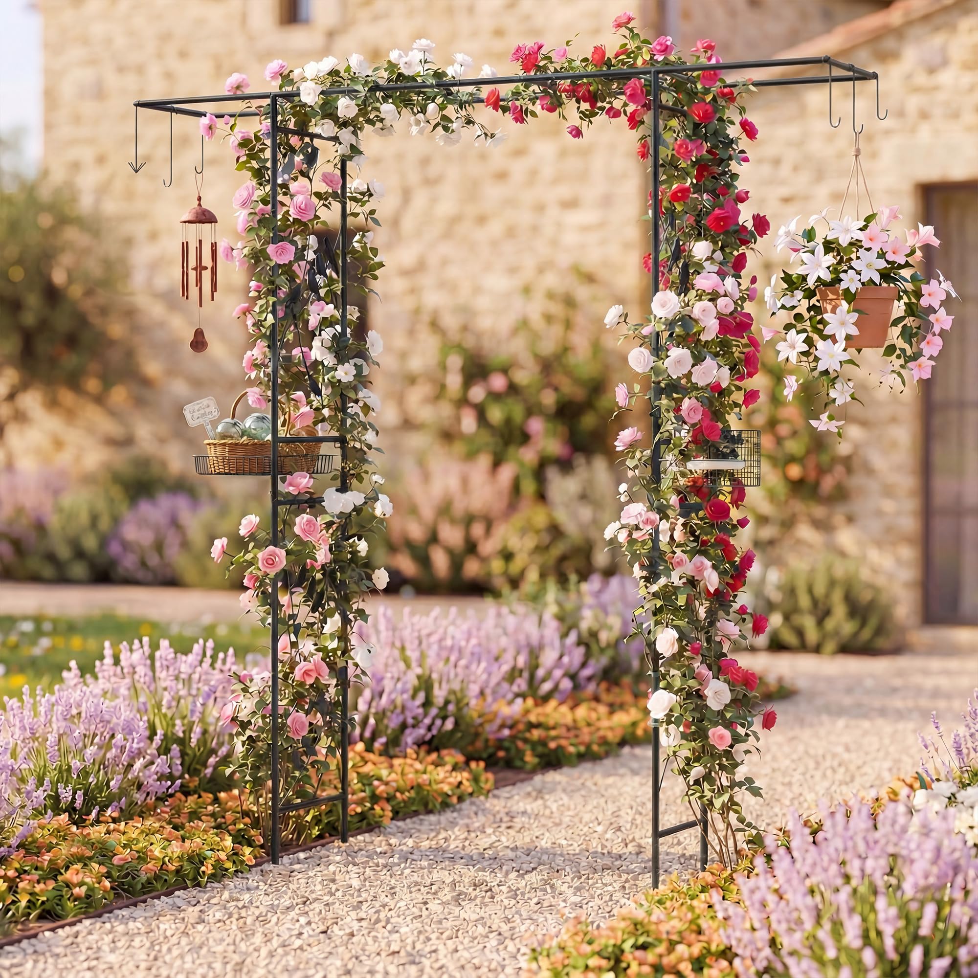 COSTWAY Mangiatoia per Uccelli da Giardino, Mangiatoia per Uccellini da Esterno con Arco per Piante Rampicanti, Vassoio a Rete e Kit di Gancio (Nero)