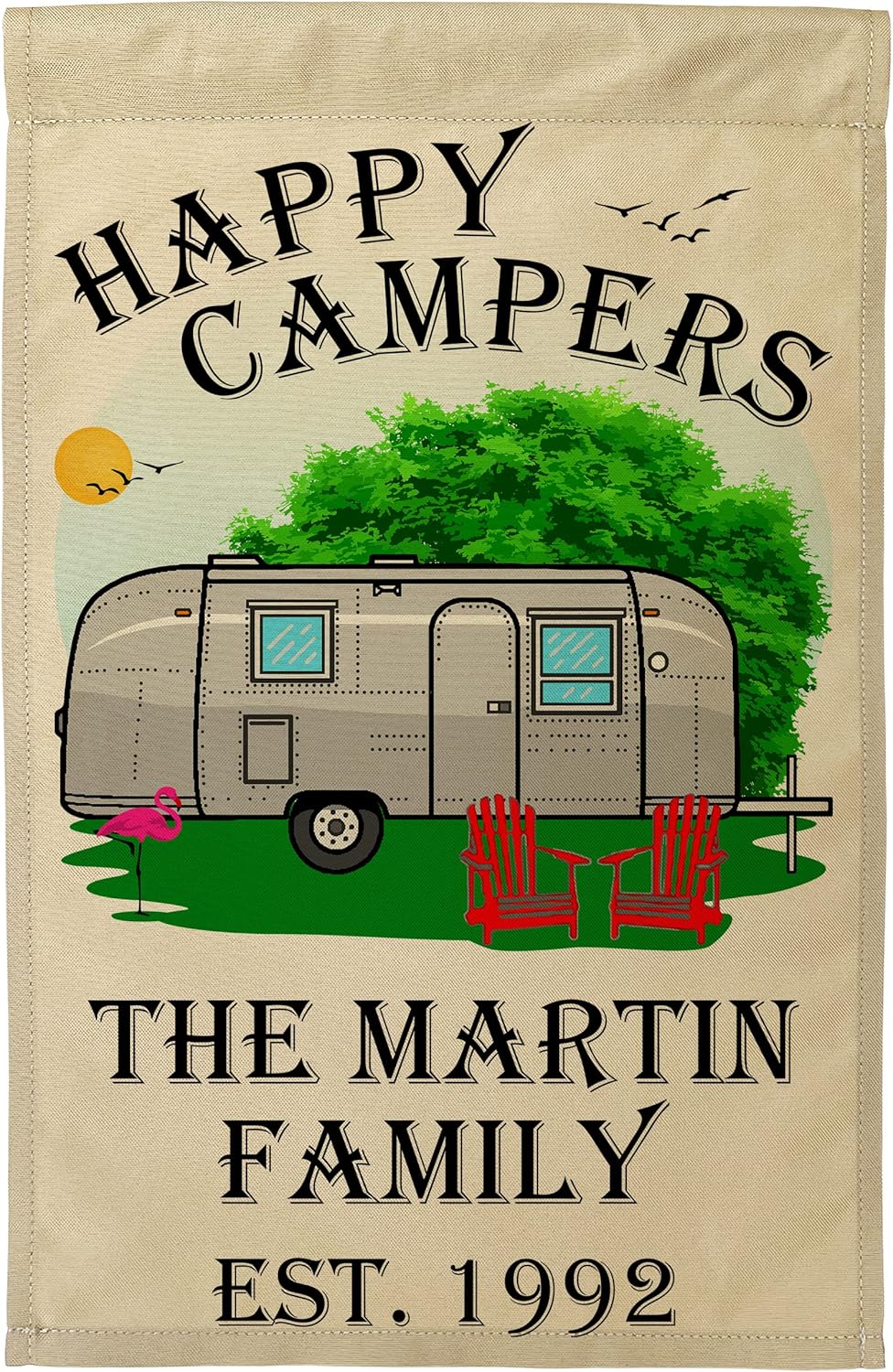 Personalized Airstream Motif Camping Flag, Happy Campers Plus 3 Additional Lines of Your Custom Text, Medium Sized Trailer Printed on Tan Fabric