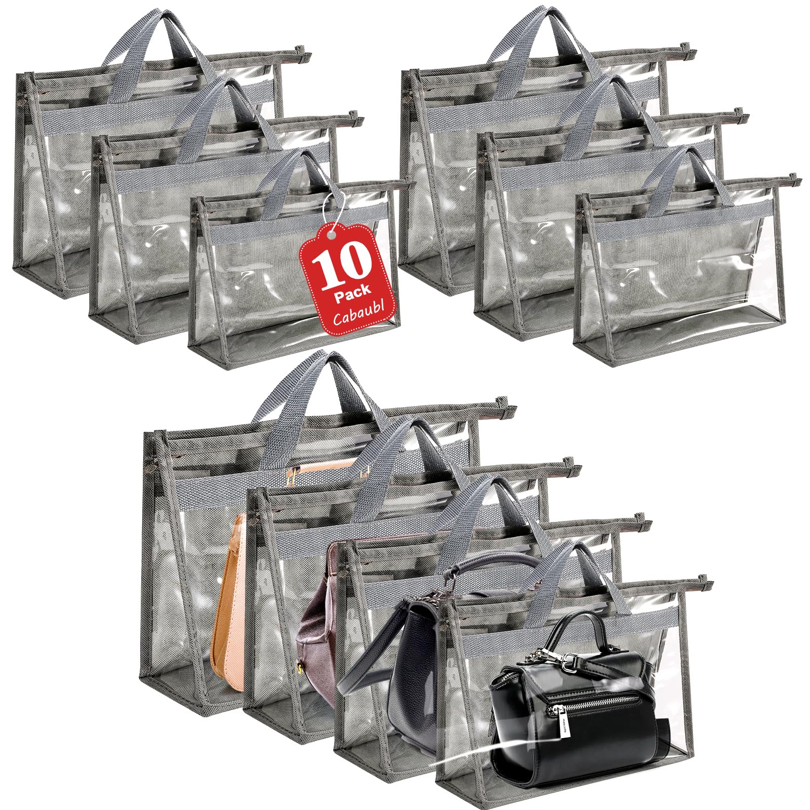 Cabaubl 10 Pcs Dust Bags for Handbags,Clear Handbag Storage Organizer,Purse Storage Organizer for Closet,Purse Protector Storage Bag with Zipper Handle and Hooks (Grey)