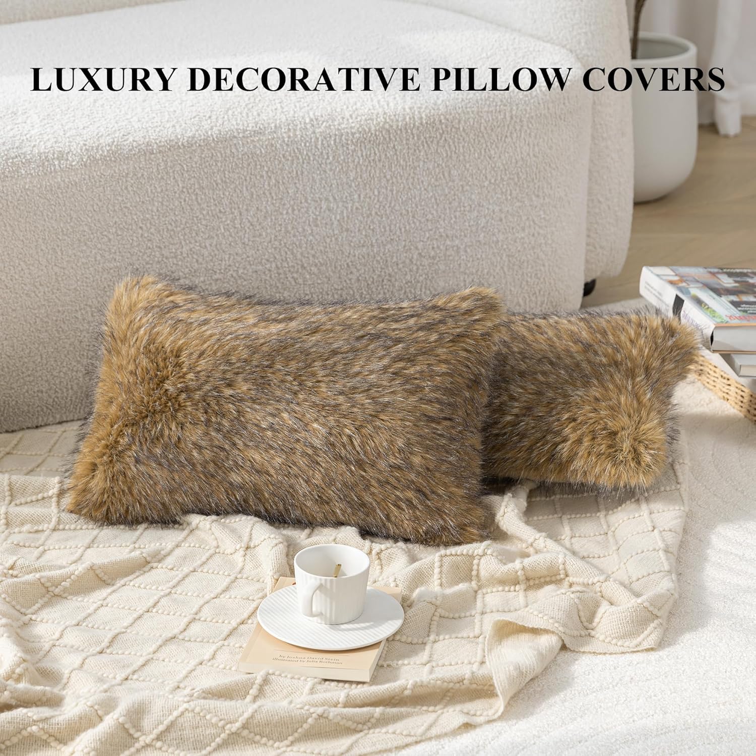 MOOX Faux Fur Pillow Covers 12x20 Inch Set of 2, Faux Raccoon Fur Textured Decorative Lumbar Throw Pillow Covers, Soft Plush Fluffy Cushion Case for Couch Bed Living Room Pillowcases, Tawny