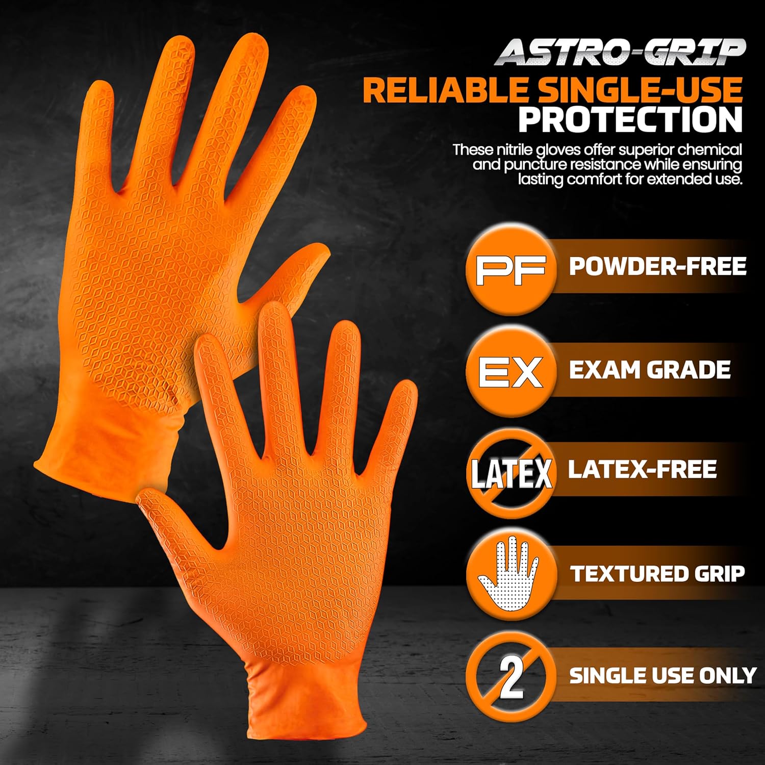 SAS Astro-Grip Powder-Free Exam Grade Nitrile Disposable Gloves - 10 Boxes / 100 Each. 1000 Gloves Total. XL, Orange, 7 Mil. Chemical and Puncture Resistant. Single-Use (66474)