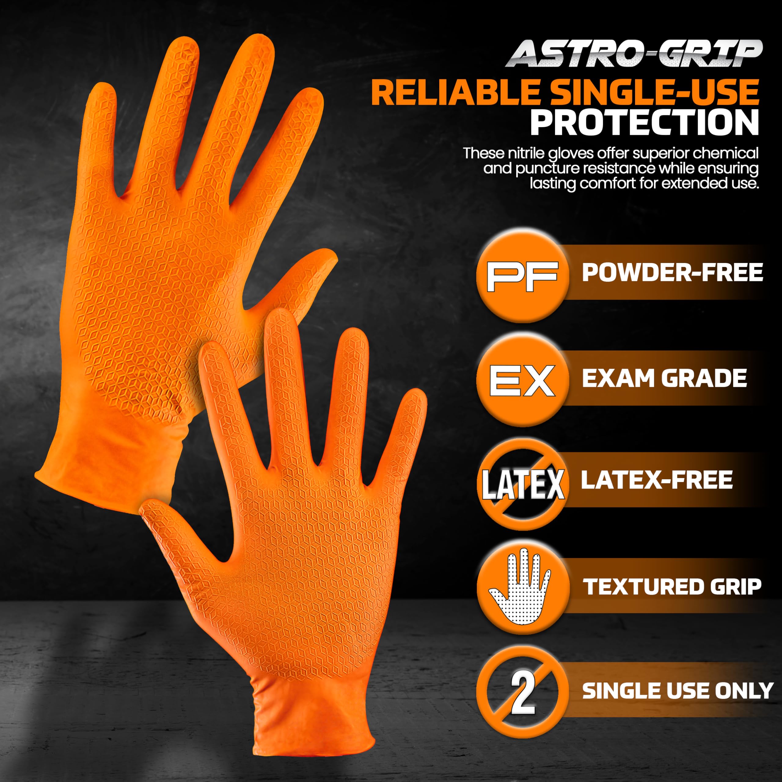 Astro-Grip Powder-Free Exam Grade Nitrile Disposable Gloves. Size X-Large, Orange, 7 mil Thickness. Chemical and Puncture Resistant. Single-Use. Pack of 100. (66474)