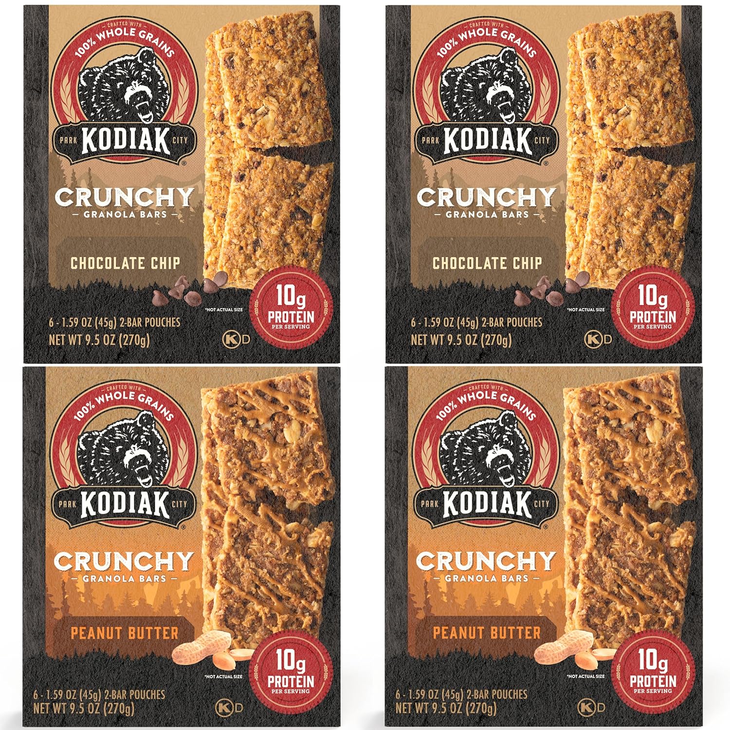 Kodiak Cakes Crunchy Granola Bar Variety Pack - Peanut Butter (2 boxes) and Chocolate Chip (2 boxes) High Protein Granola Bar Snack - 100% Whole Grain Granola Bars Bulk - (24) Total Pouches