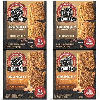 Kodiak Cakes Crunchy Granola Bar Variety Pack - Peanut Butter 2 boxes and Chocolate Chip 2 boxes High Protein Granola Bar Snack - 100% Whole Grain Granola Bars Bulk - 24 Total Pouches