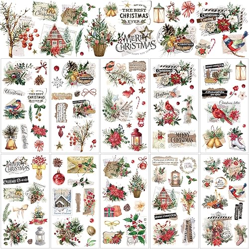 Lincia 10 hojas de calcomanías de Navidad para manualidades y muebles, calcomanías de muñeco de nieve, vintage, Biblia, reno, gnomo, otoño, para