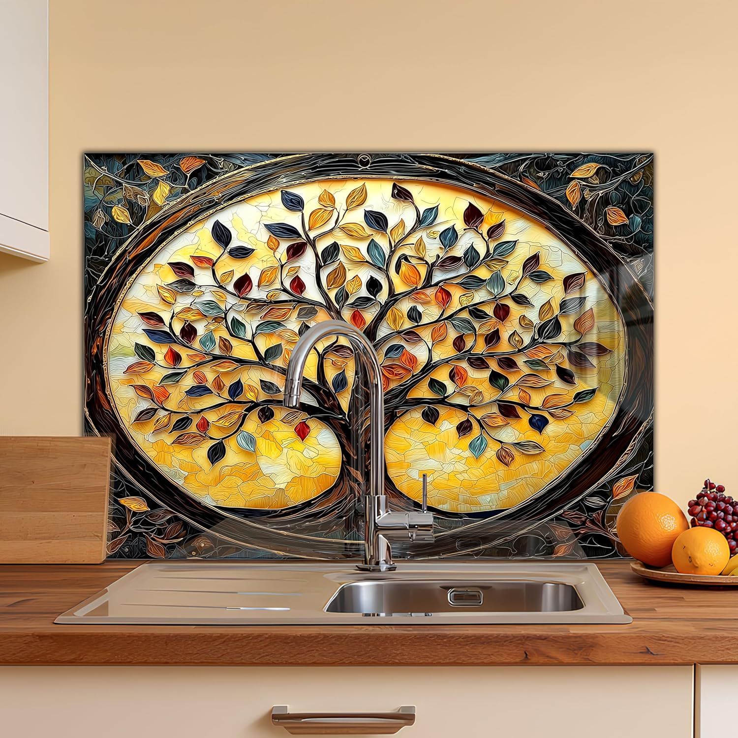 Tempered Glass Backsplash for Kitchen - Easy to Clean Behind Stove Backsplash Protector for Wall - Heat and Scratch Resistant Backsplash for Stove - Tree of Life Design
