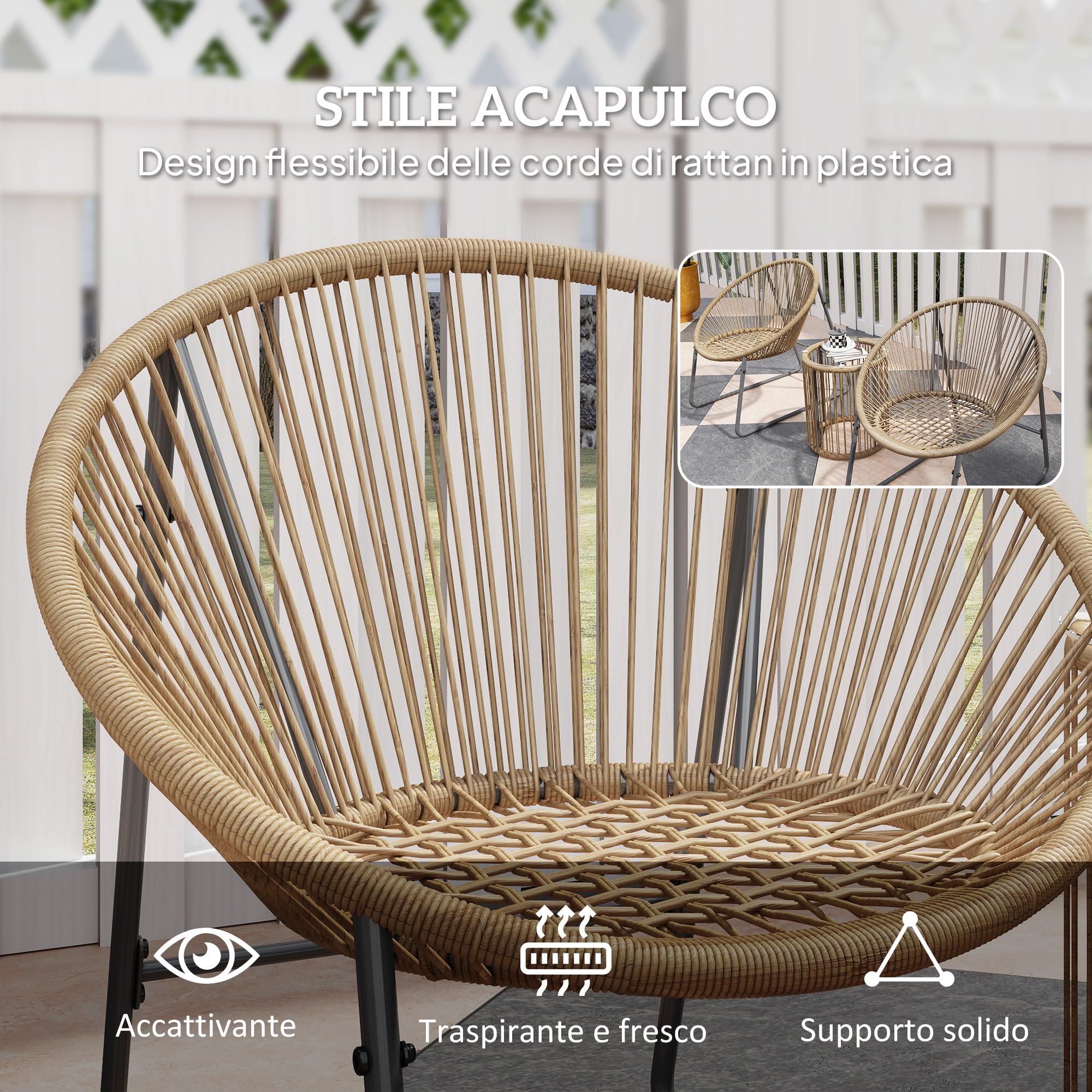 Outsunny Set da Giardino 3 Pezzi Rattan PE Acciaio, 2 Sedie Cuscini Lavabili Tavolino Caffè Vetro, Mobili Balcone Patio Cortile