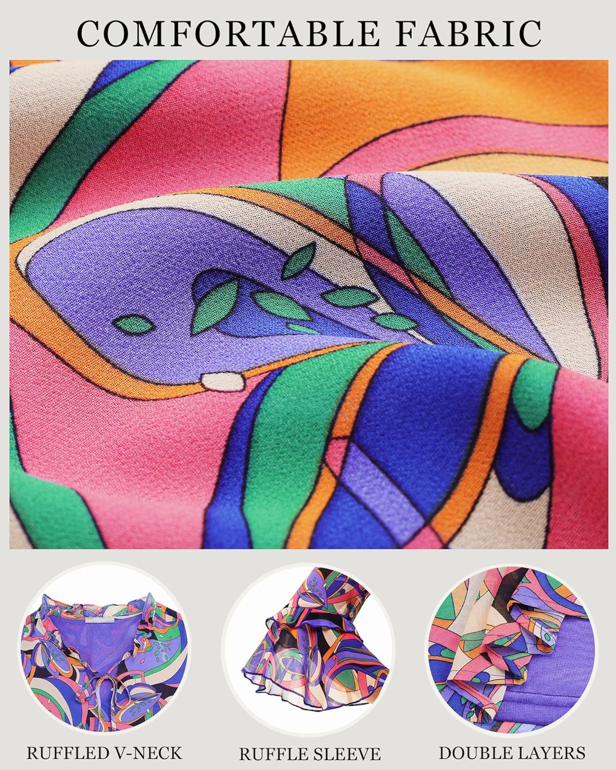 Furnex Womens Tops Dressy Casual Ruffle 3/4 Sleeve V Neck Elegant Floral Chiffon Blouses - Image 5