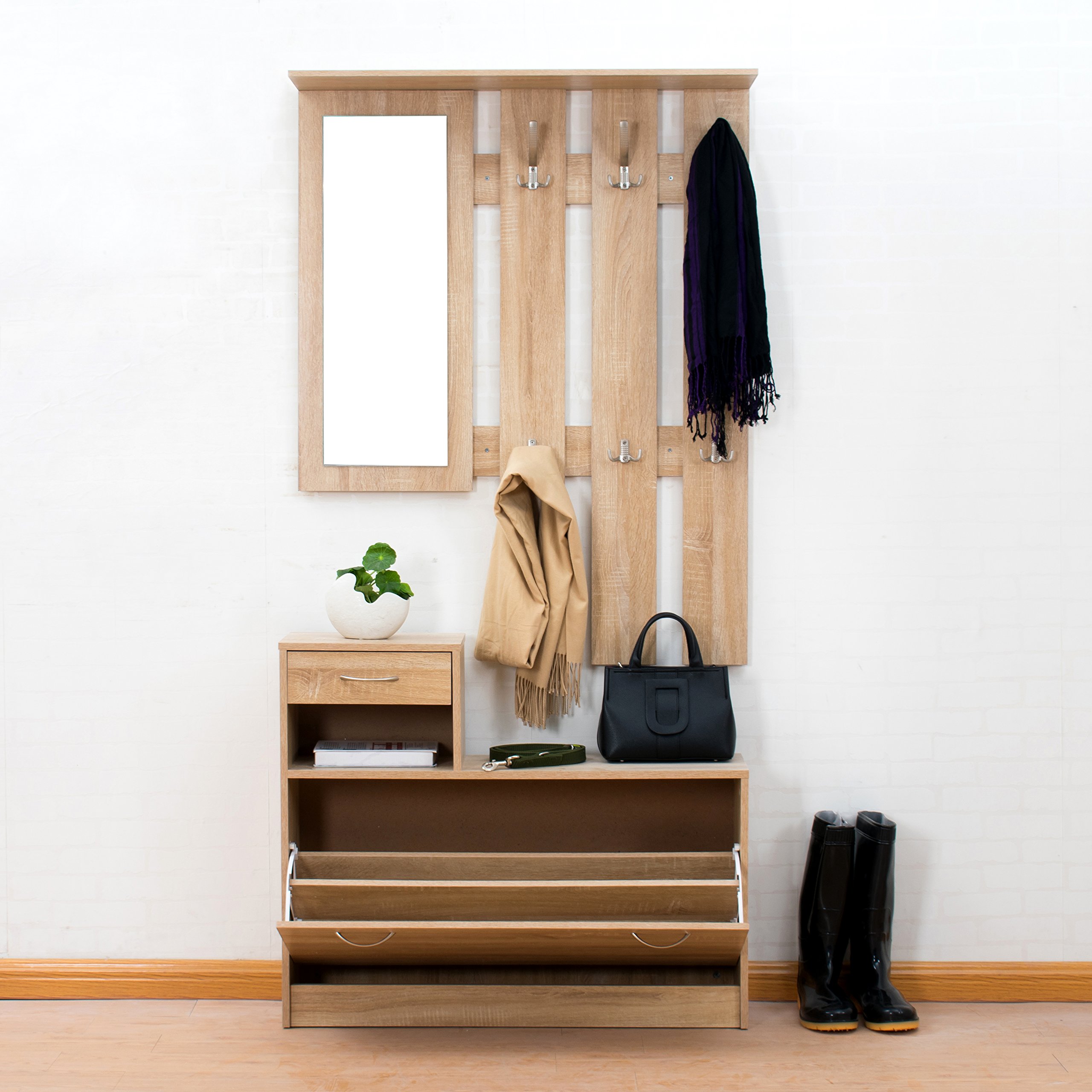 Cherry Tree Furniture Oak Colour Hall Tree Coat Stand Shoe Storage Unit